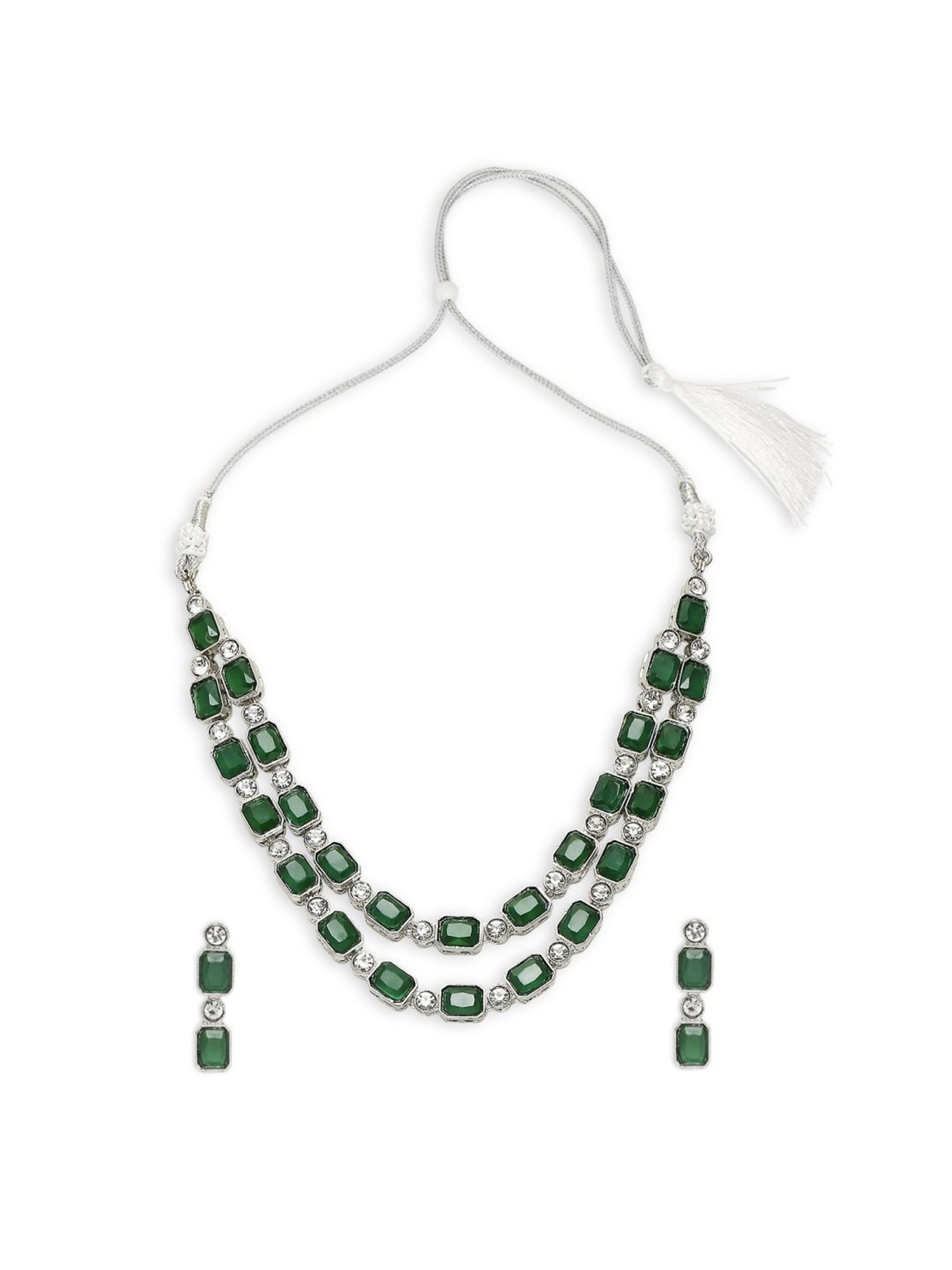 OOMPH Green Multi Layer American Diamond Necklace Set with Earrings