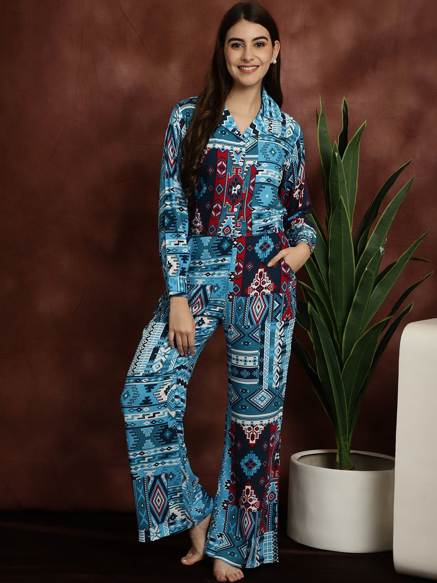 Boston Club Blue Printed Top With Pyjamas