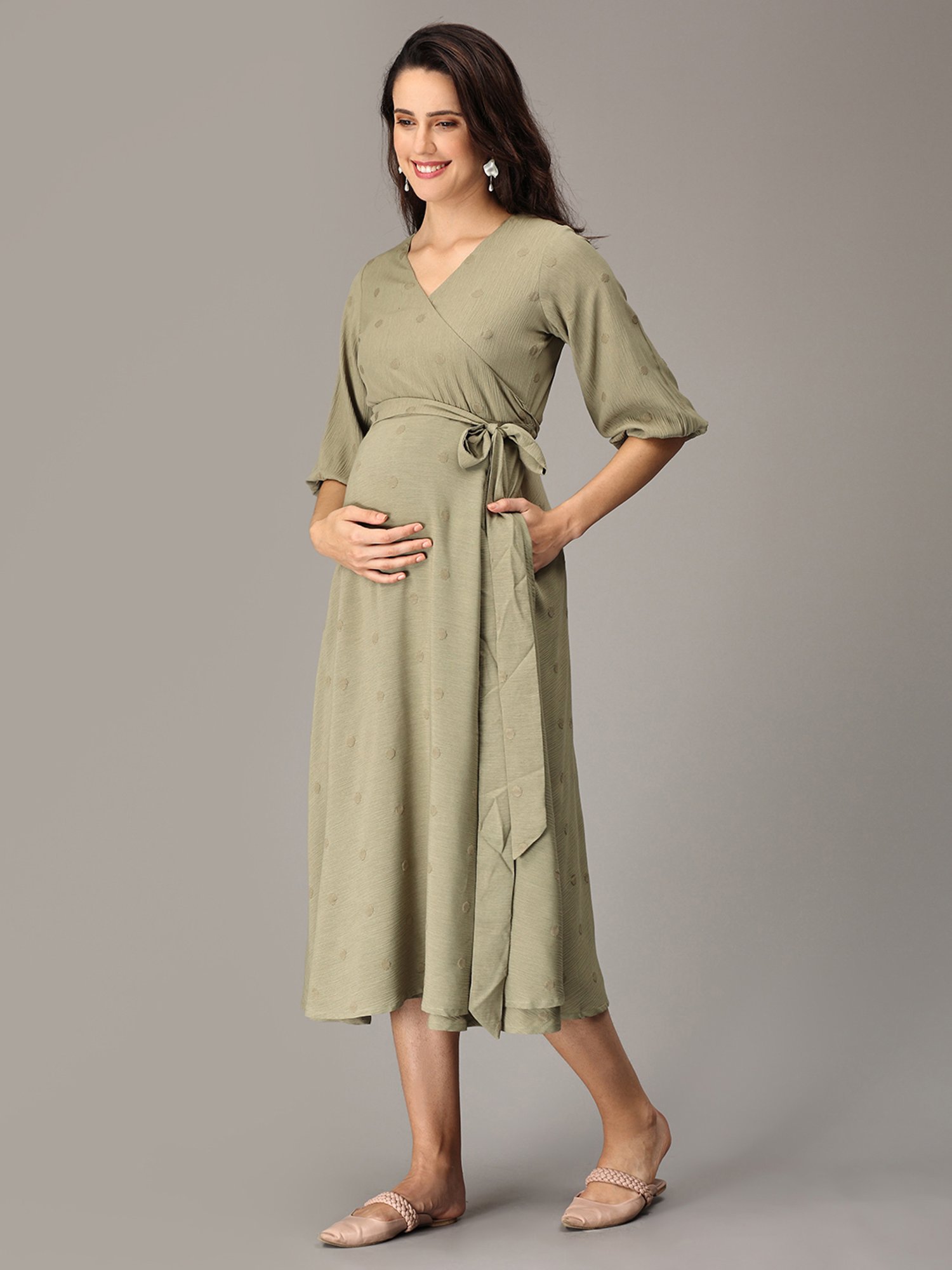The Mom Store Olive Self Design Wrap Maternity Dress