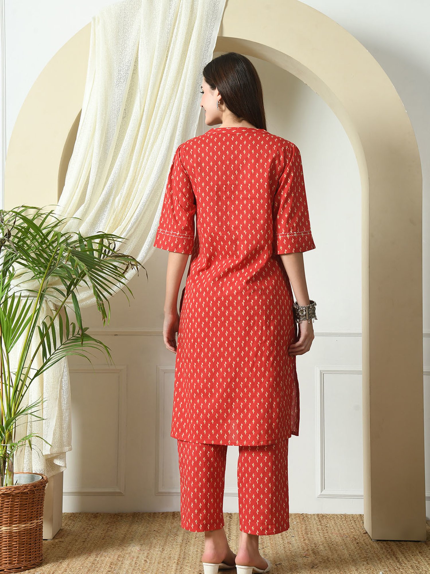 DECKEDUP Red Cotton Printed Kurta With Pants