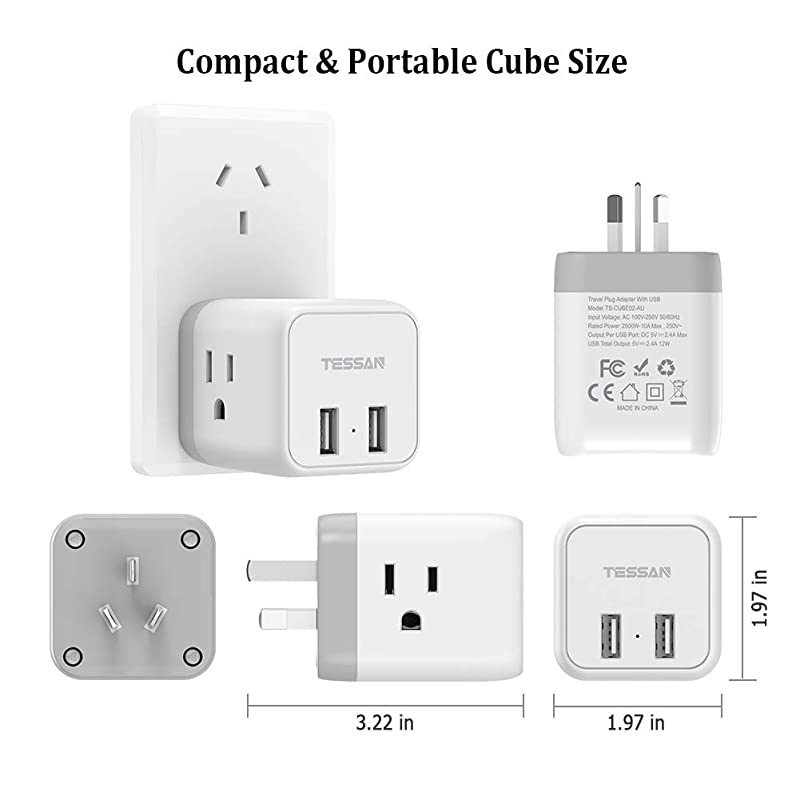Australia China Power Plug Adapter,  5 in 1 New Zealand Travel Power Adapter with 3 US Outlets and 2 USB Charging Ports, US to Australia New Zealand Fiji Argentina Plug Adapter (Type I)