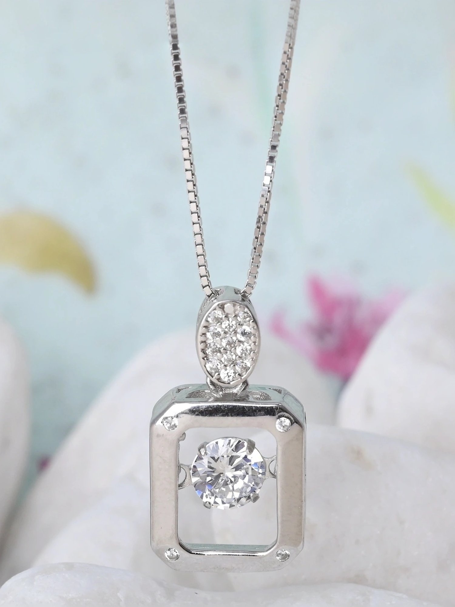 Touch925 Sterling Silver Stone Rectangle Necklace for Women & Girls