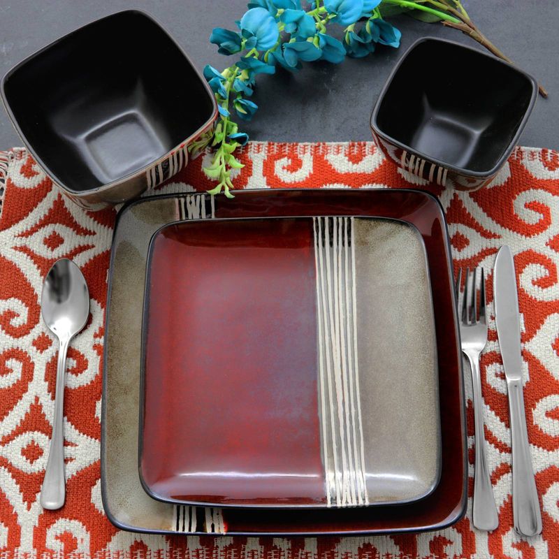 16pc Stoneware Double Color Square Dinnerware Set Red/Tan - Elama