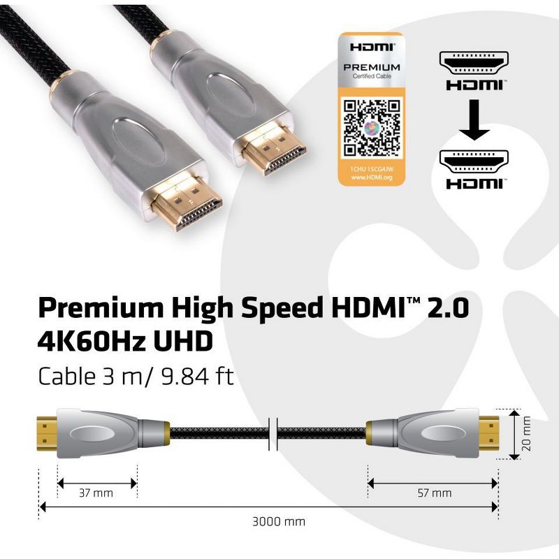 Club 3D Premium High Speed HDMI 2.0 4K60Hz UHD Cable 3 meter - 9.84 ft HDMI A/V Cable for Audio/Video Device, Notebook, HDTV, Gaming Computer