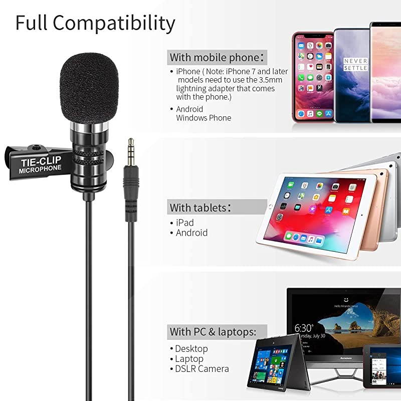 Lapel Microphone with 65 Feet Extension Cable and 4 to 3 Pin Adapter 35mm Clipon Omnidirectional Lavalier Mic for iPhone Android Smartphone