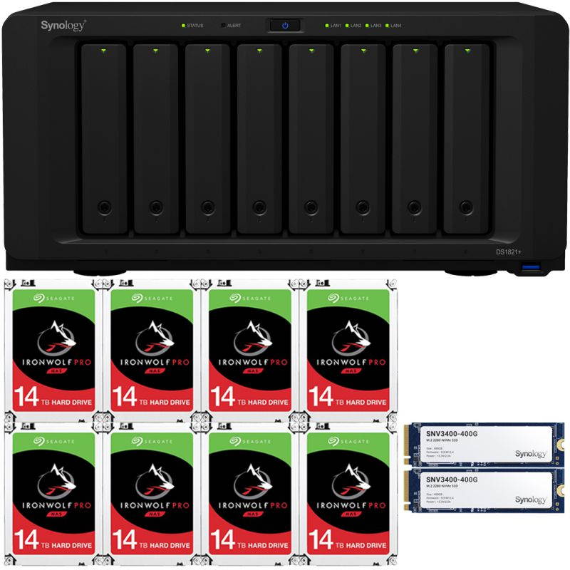 Synology DS1821+ DiskStation with 32GB RAM and 96TB (8 x 12TB) of Seagate Ironwolf PRO NAS Drives and 800GB (2x400GB) NVME Cache Fully Assembled and Tested By CustomTechSales