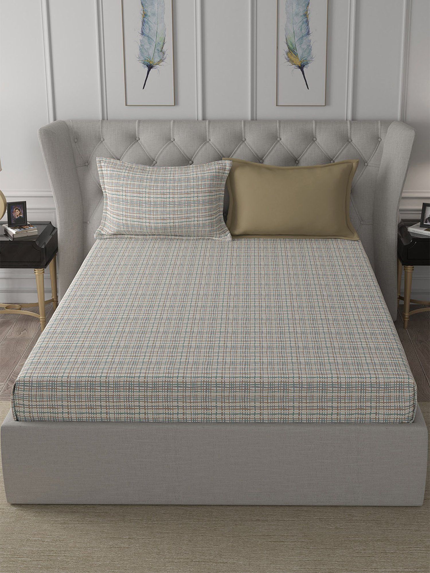 In-House by Maspar Neutral 200 TC Cotton Printed Bed Sheet with 2 Pillow Cover