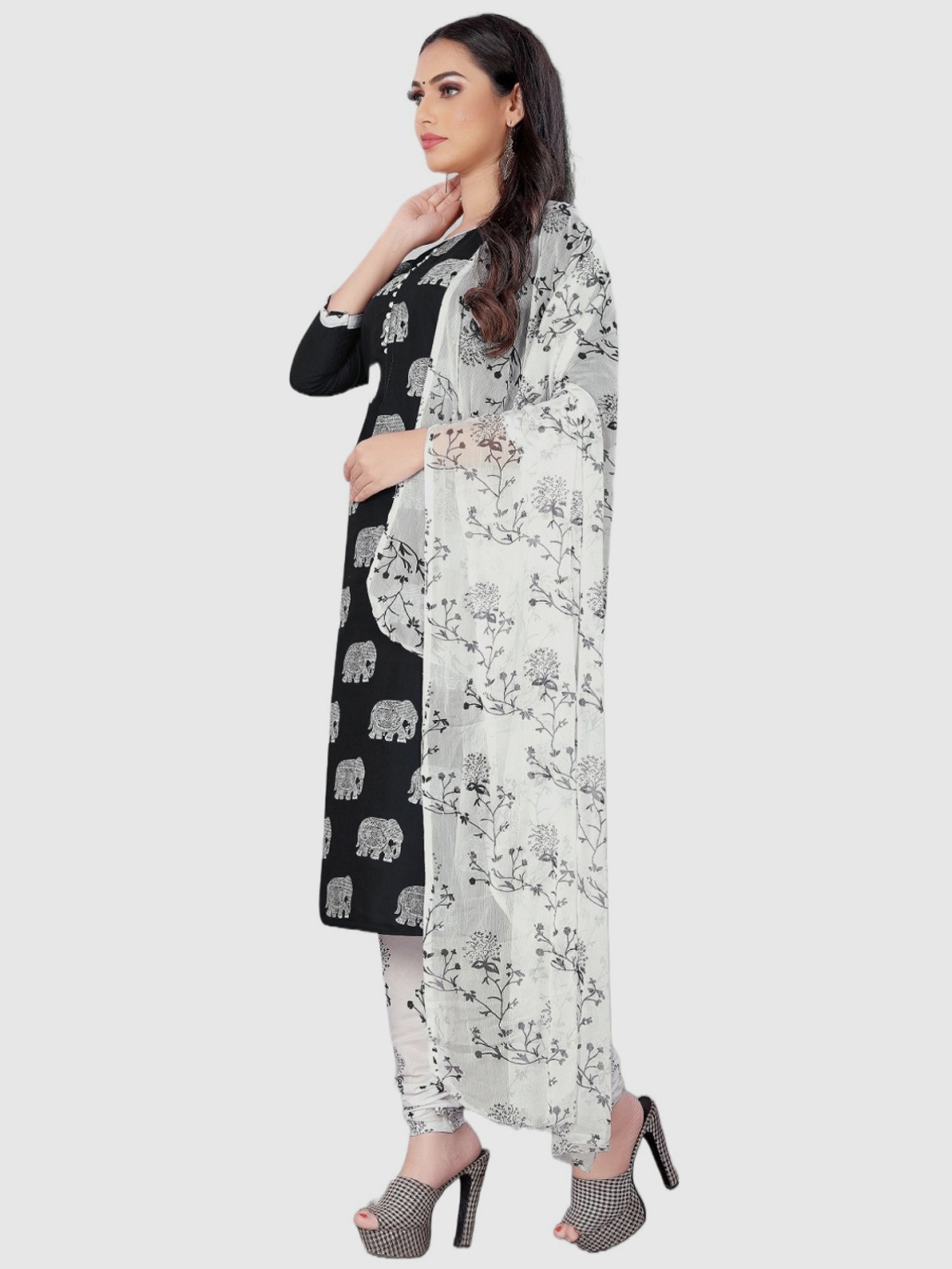 APNISHA Black & White Cotton Printed Unstitched Dress Material