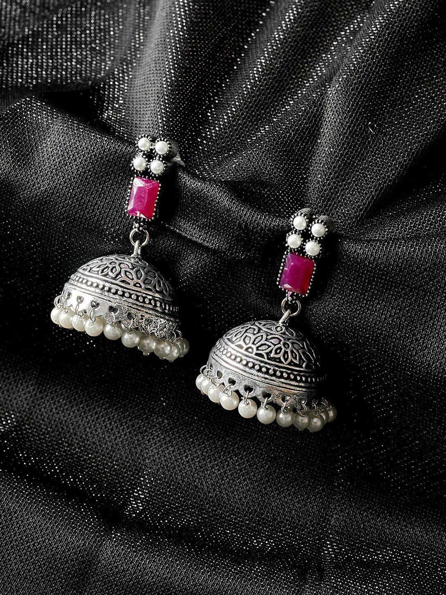 Panash Silver-Plated Oxidised Jhumki Earrings