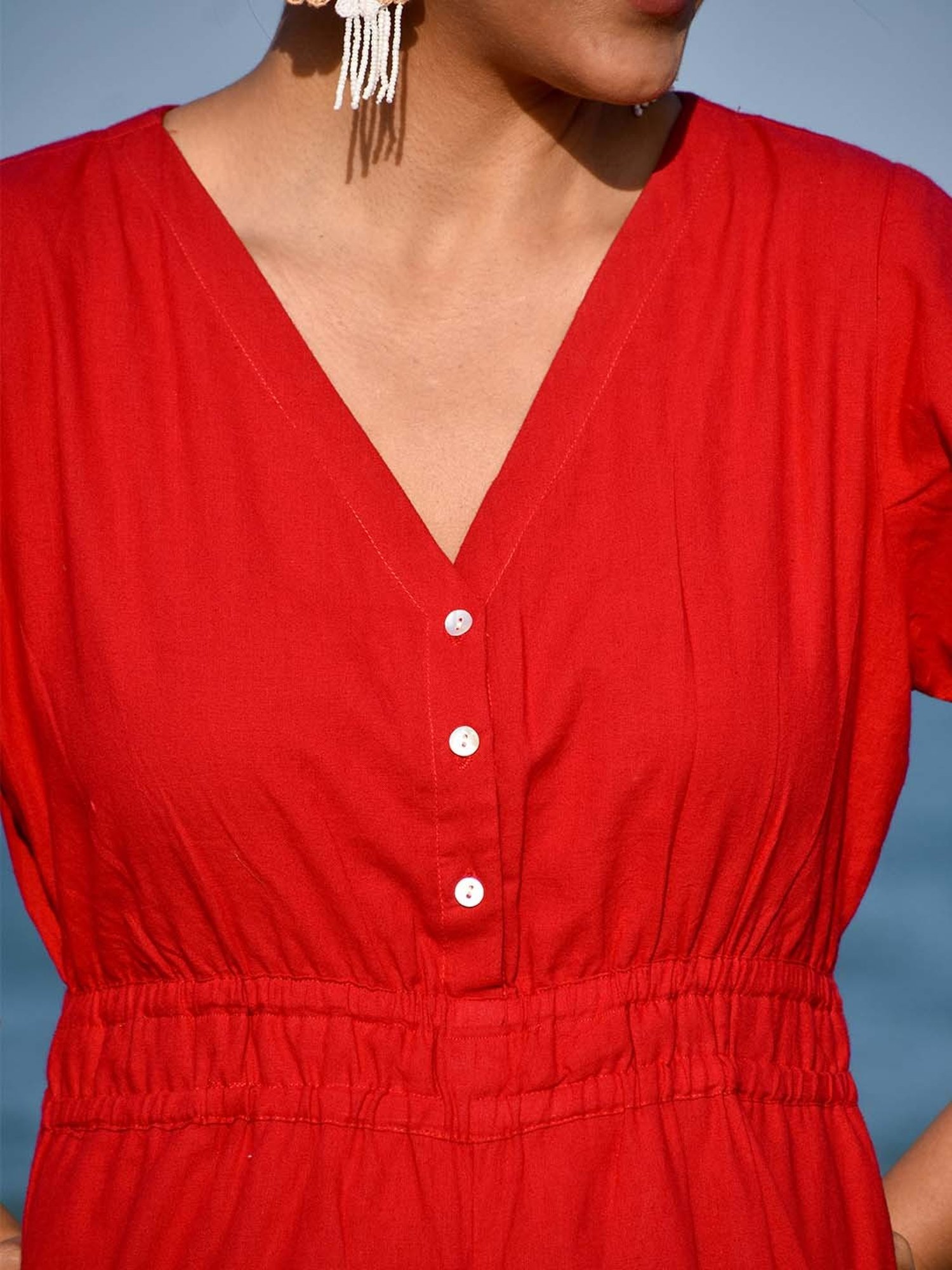 Okhai Pioneer Red Pure Cotton Mirror Work Jumpsuit