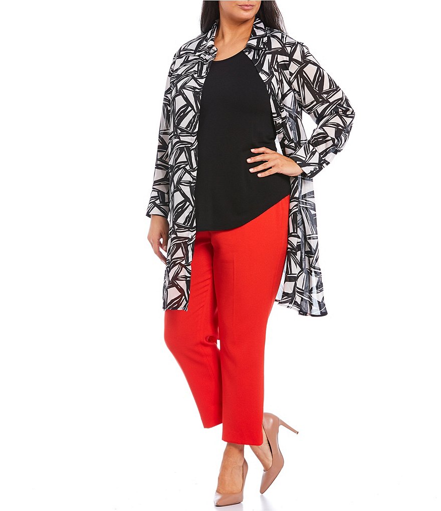 Kasper Plus Size Point Collar Neck Long Sleeve Abstract Geo Printed Satin Oxford Shirt Topper