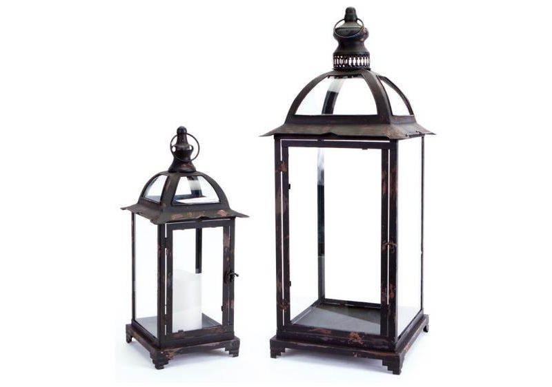 Melrose Set of 2 Pagoda Crest Weathered Iron and Glass Pillar Candle Holder Lanterns - 26"