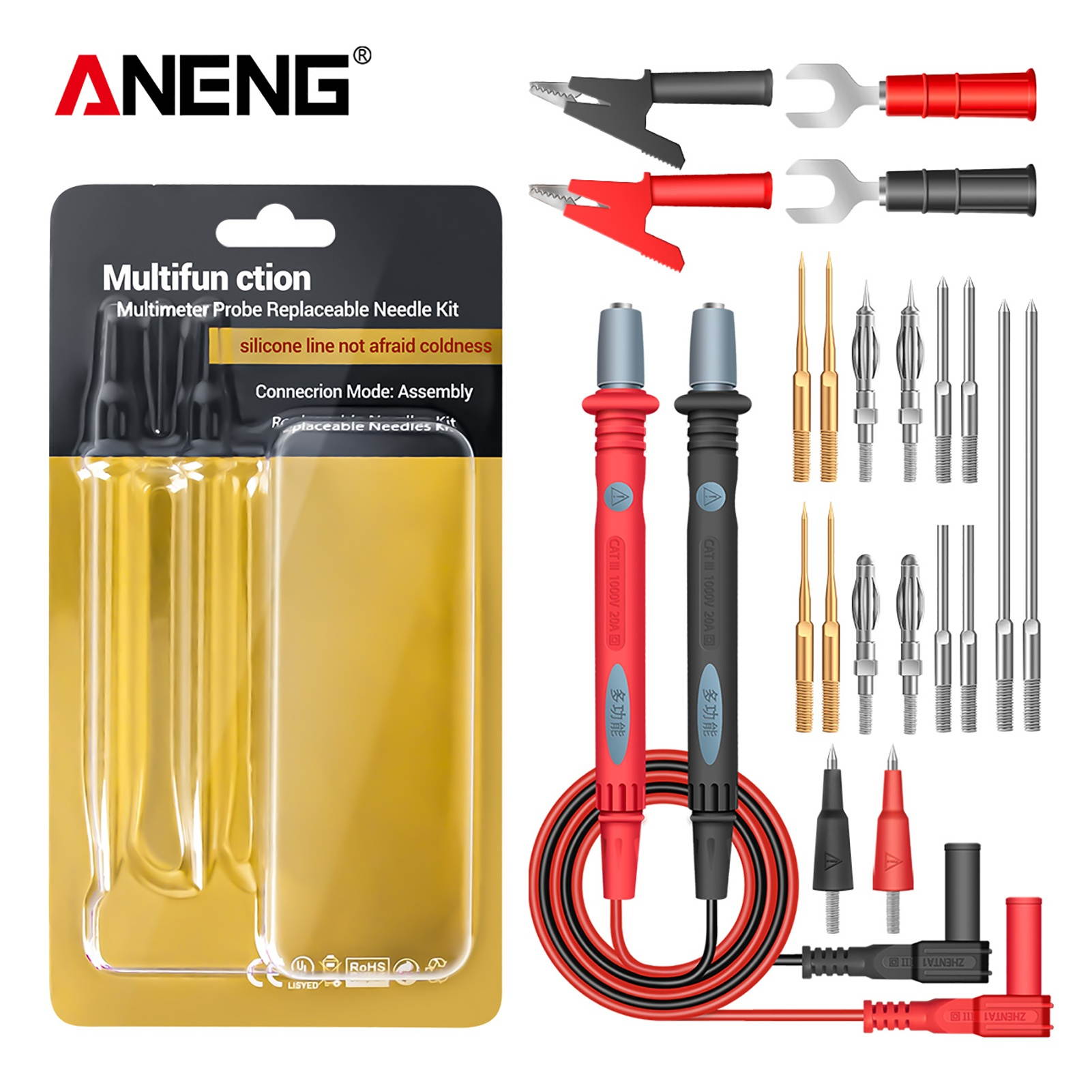 ANENG 22-in-1 Multimeter Test Lead Set 1000V Professional Silicone Insulated Test Probes with Alligator Clips Banana Plugs Tips Needle Point Extended Test Leads