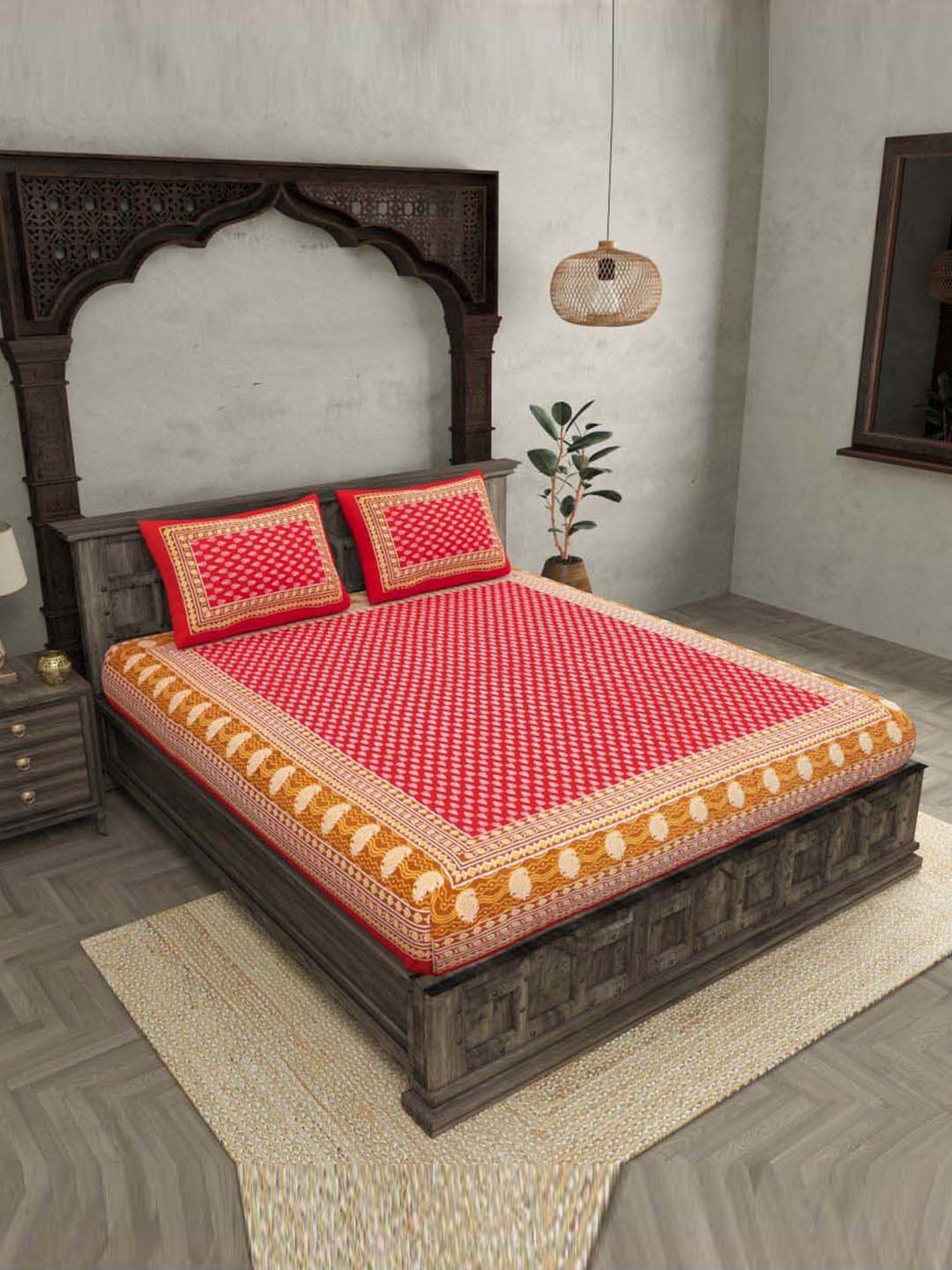 JaipurFabric Red 100% Pure Cotton 120 TC Double Bedsheet with 2 Pillow Covers