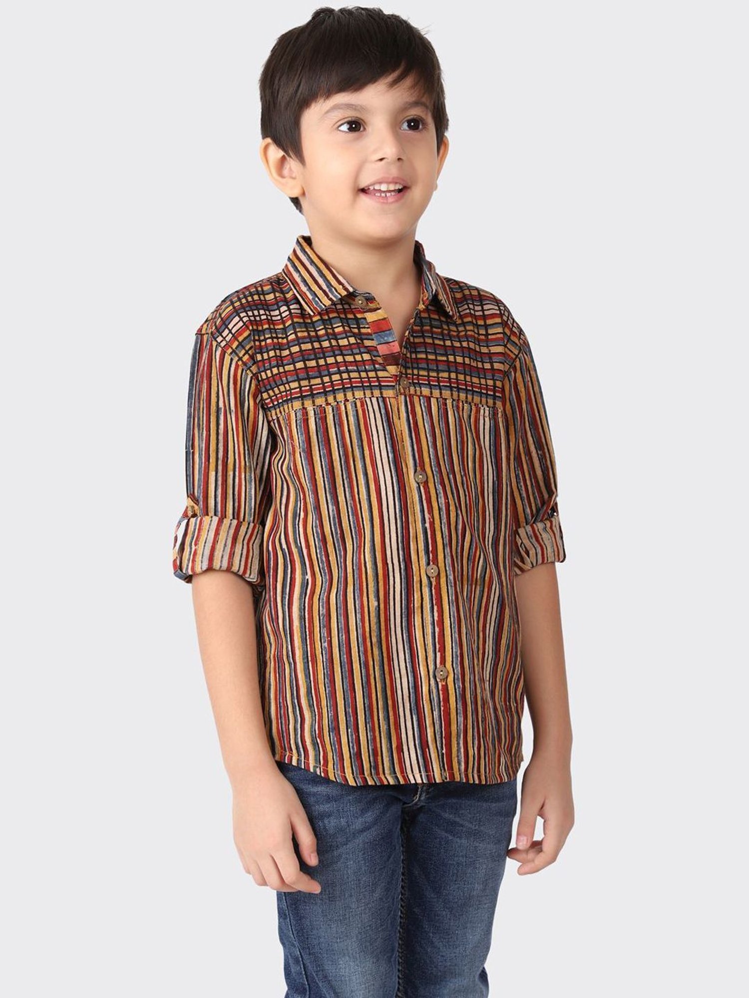 Fabindia Kids Brown & Black Cotton Printed Shirt