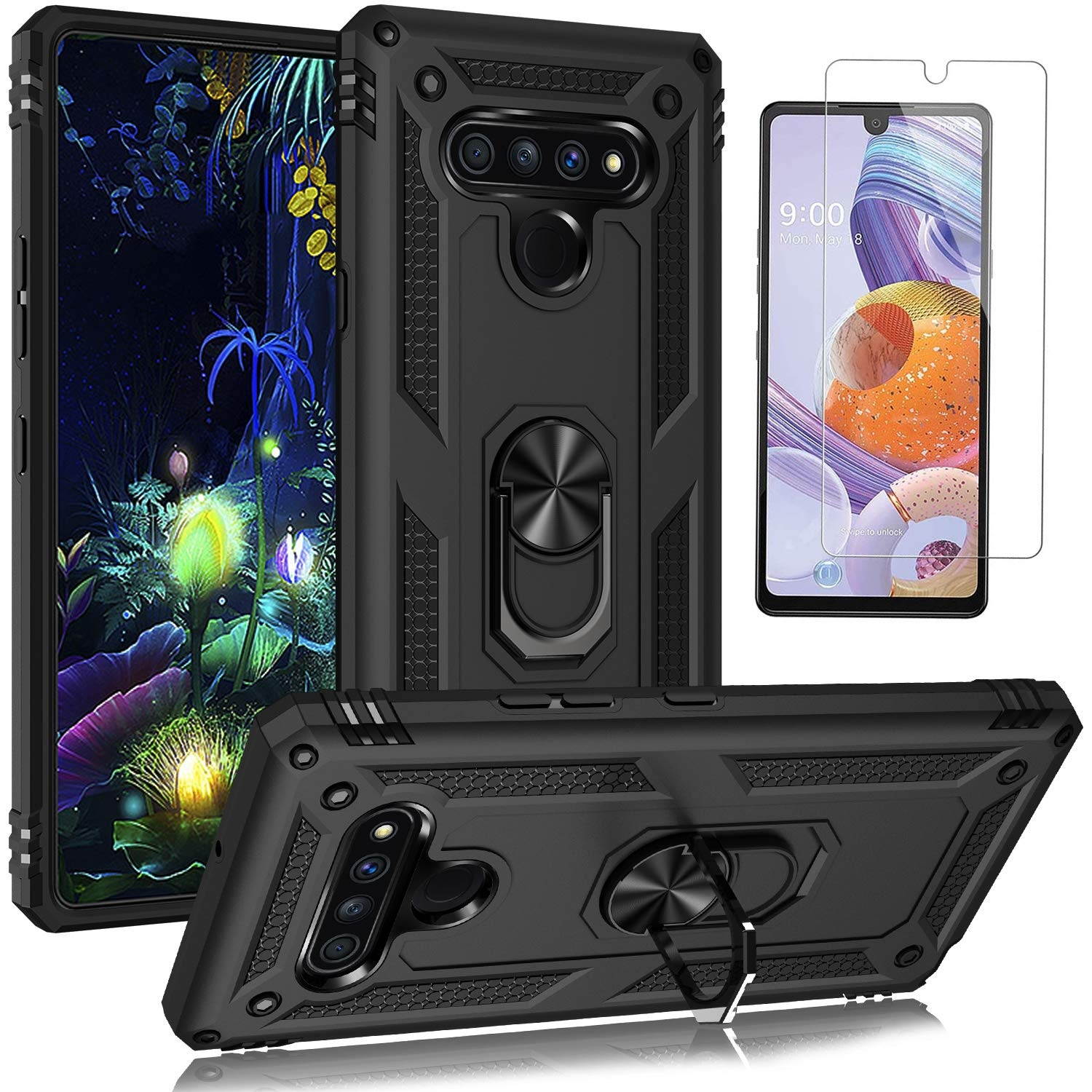 LG Stylo 6 Case, with HD Screen Protector, Military Grade Protective Phone Case with 360 Degree Rotating Metal Ring, Holder Kickstand, Anti-Scratch Bracket Cover Case for LG Stylo 6 (Black)