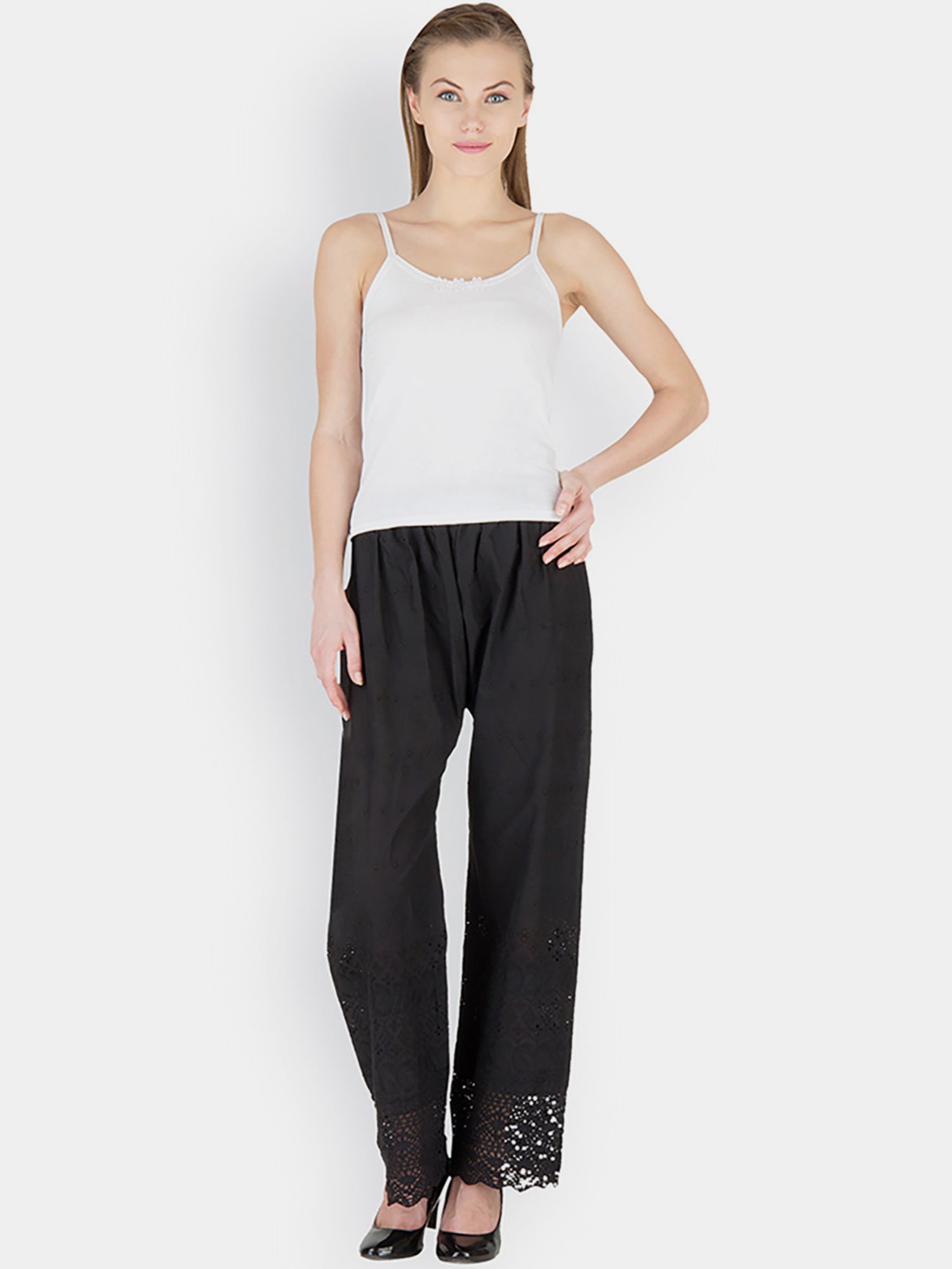 Castle Black Cotton Embroidered Palazzos