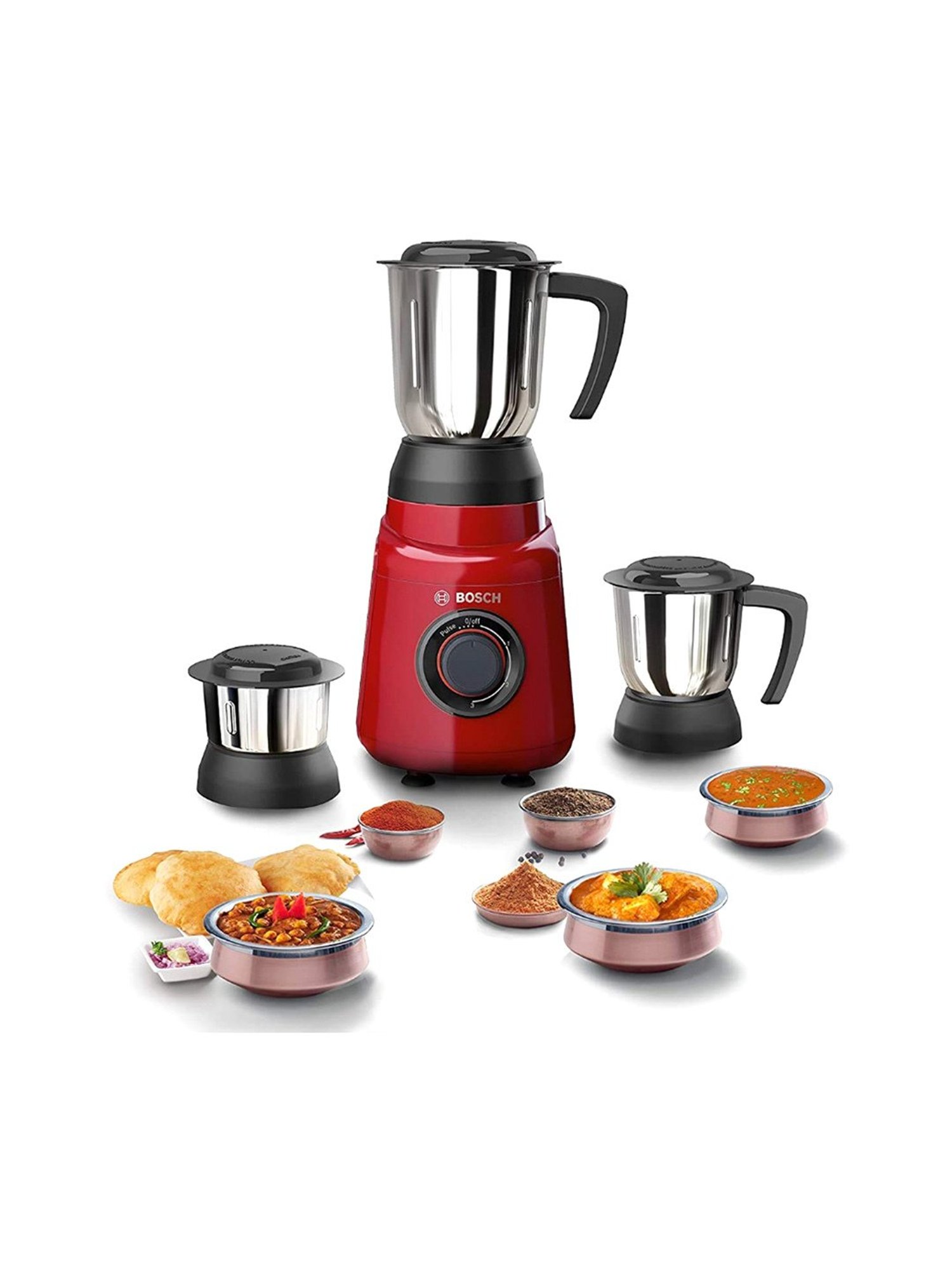 Bosch TrueMixx Joy Mixer Grinder 500 Watt with overload protector for better safety & 3 Jars (Red)