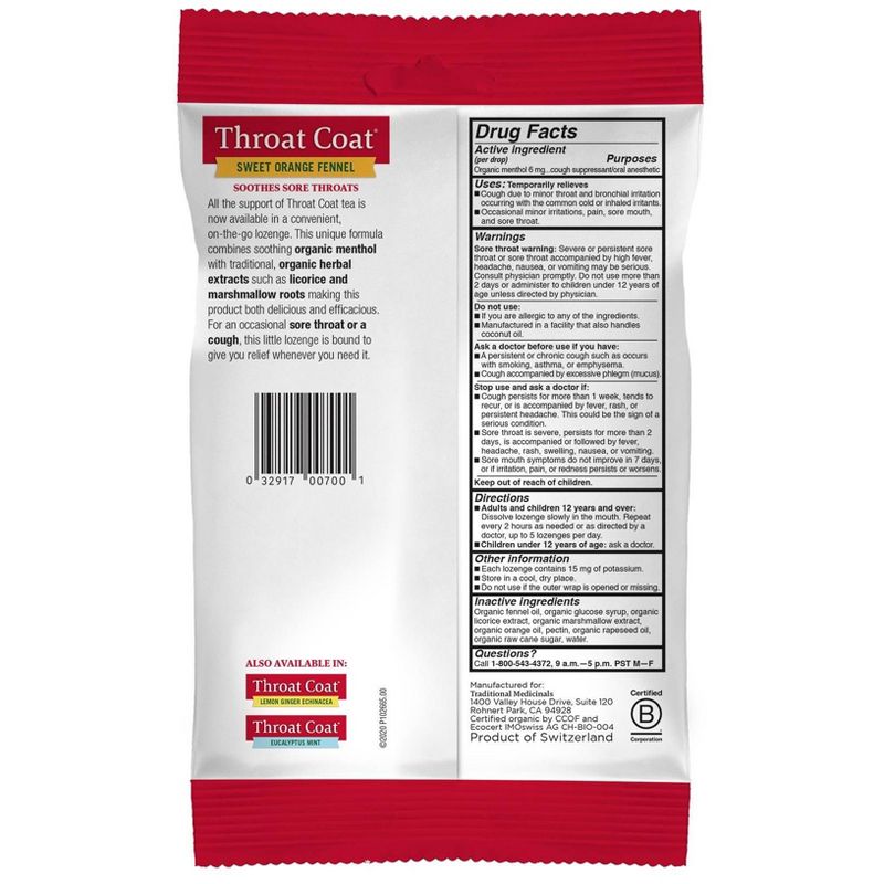Traditional Medicinals Throat Coat Sweet Orange Fennel Lozenges - 2pk/16ct
