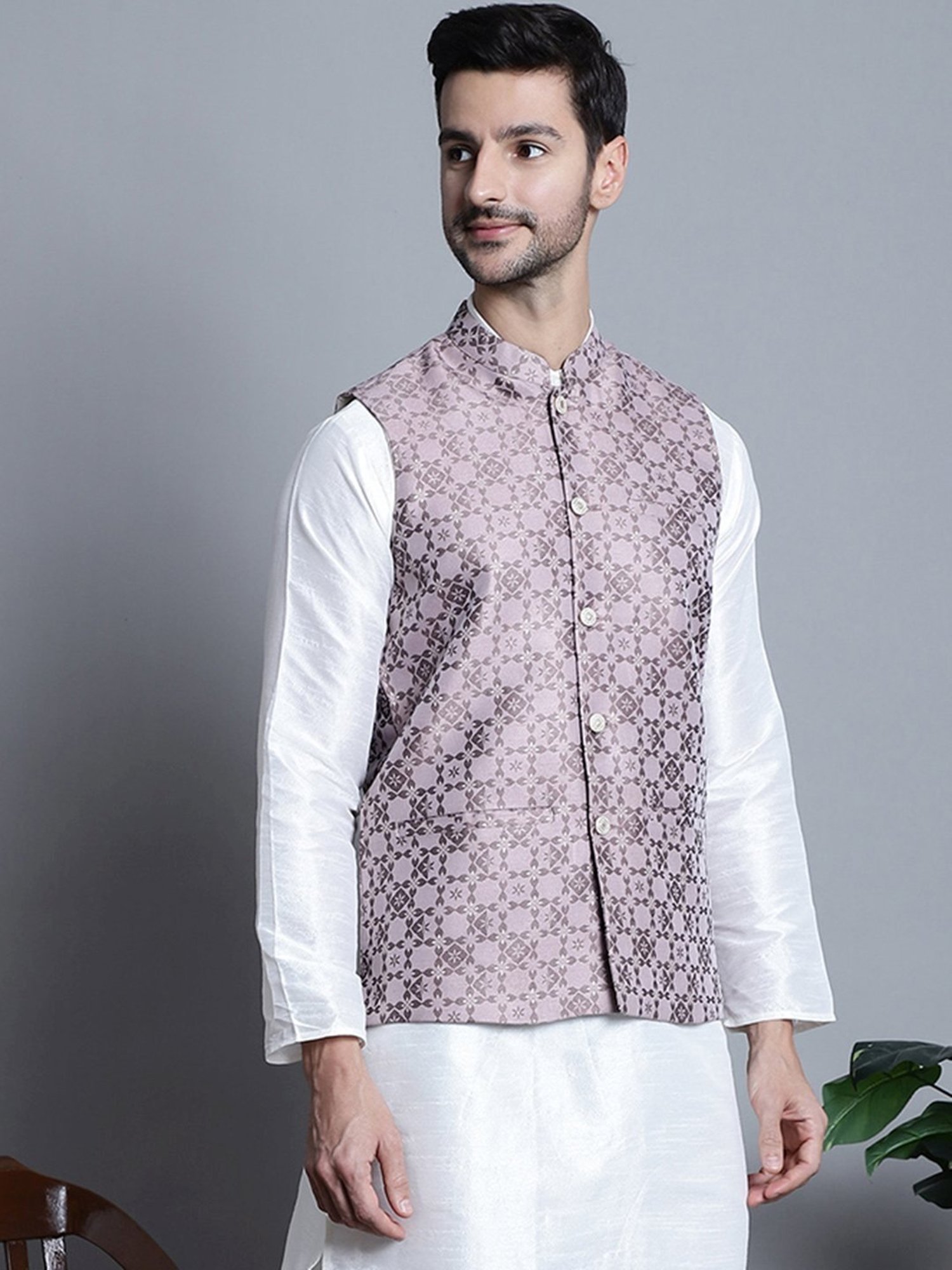 Jompers Magenta  Regular Fit Self Pattern Nehru Jacket