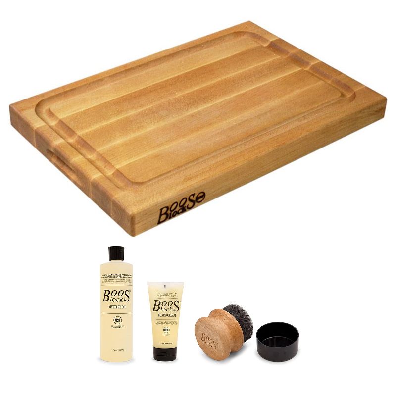 John Boos Block BBQBD 12" Cutting/Carving Board with Juice Groove, Maple Wood and 3 Piece Wood Cutting Board Care and Maintenance Set