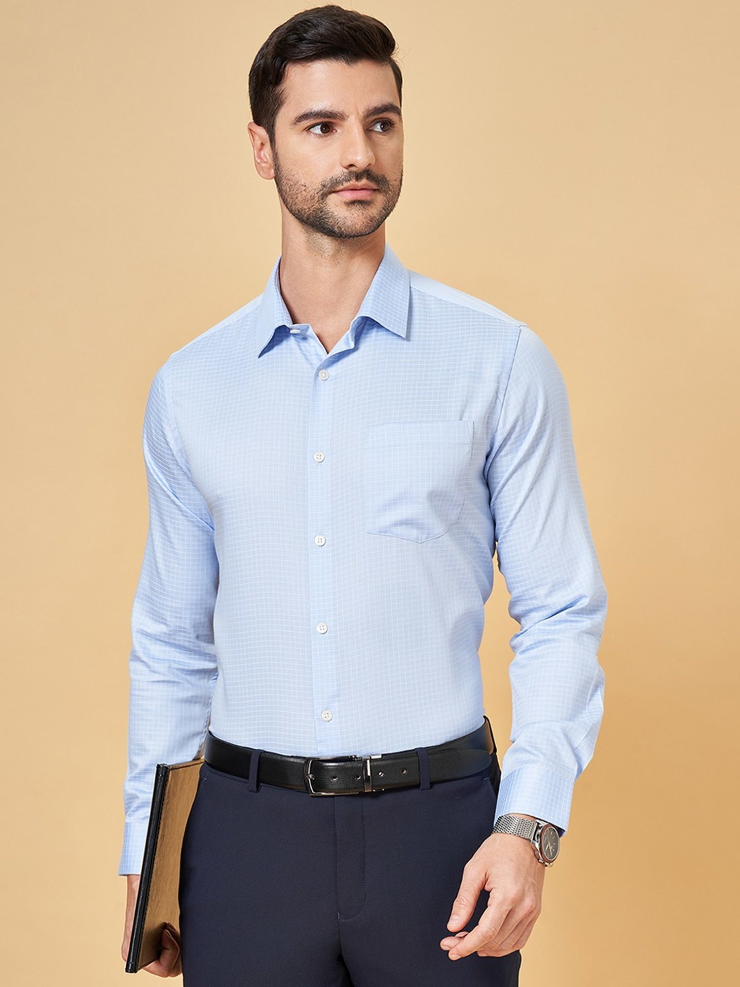 Peregrine by Pantaloons Starlight Blue Cotton Regular Fit Checks Shirt