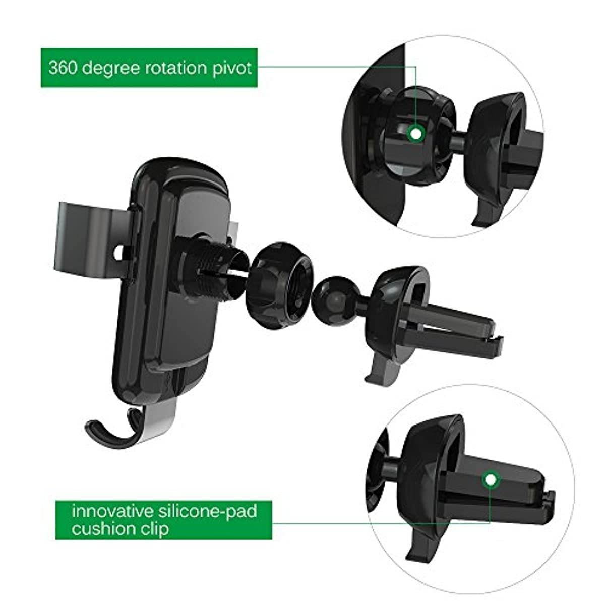 Squish Wireless Charger Car Mount Adjustable Gravity Air Vent Phone Holder for iPhone Samsung Nexus Moto OnePlus HTC Sony Nokia and Android Smartphones Qi Certified