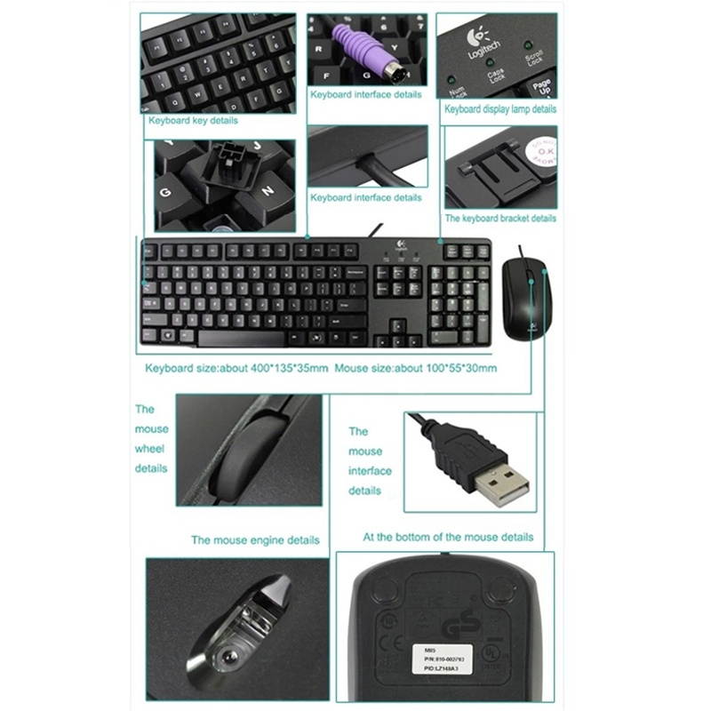Logitech MK100 PS / 2 Interface Prevent Water Splashing Wired Keyboard + USB Interface Wired Mouse Set