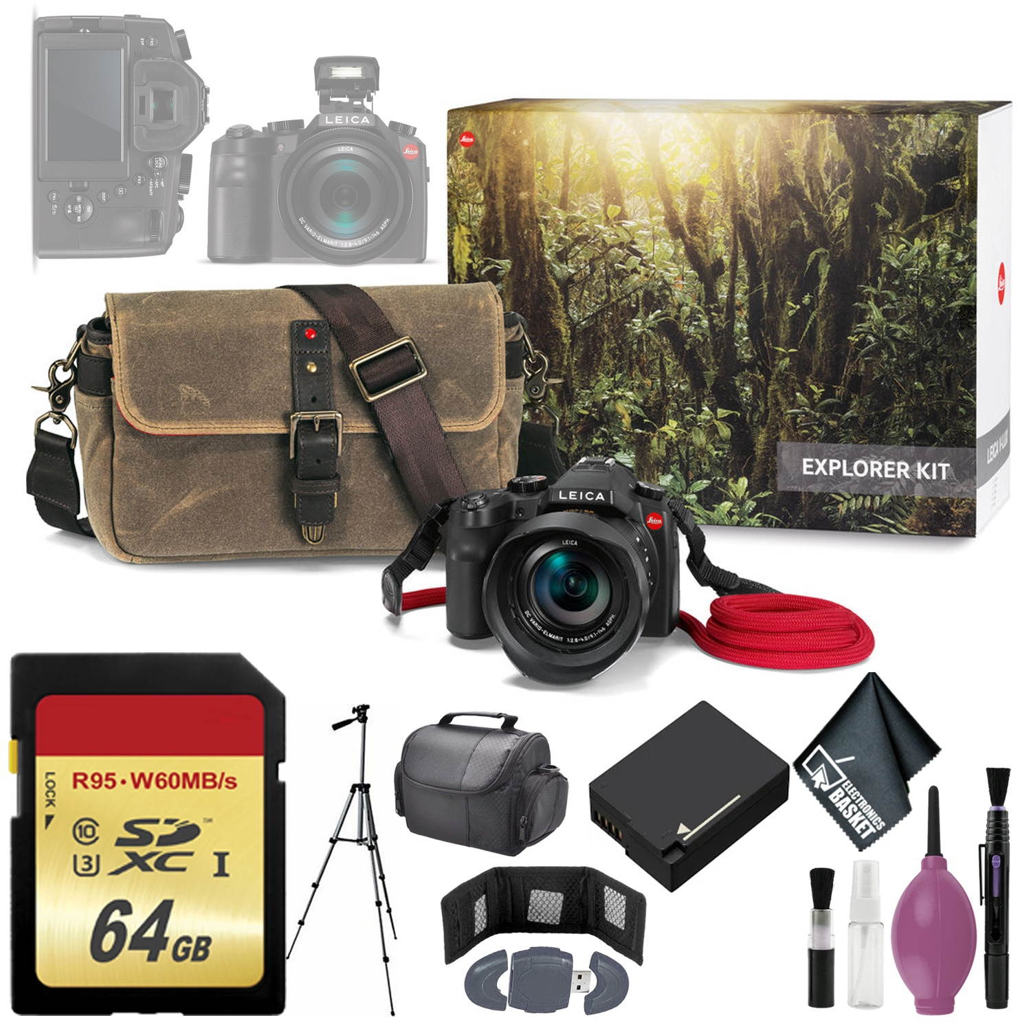 Leica V-LUX (Typ 114) Digital Camera Explorer Kit - 64GB - Memory Card Wallet - Reader - Battery - 72" Tripod - Case