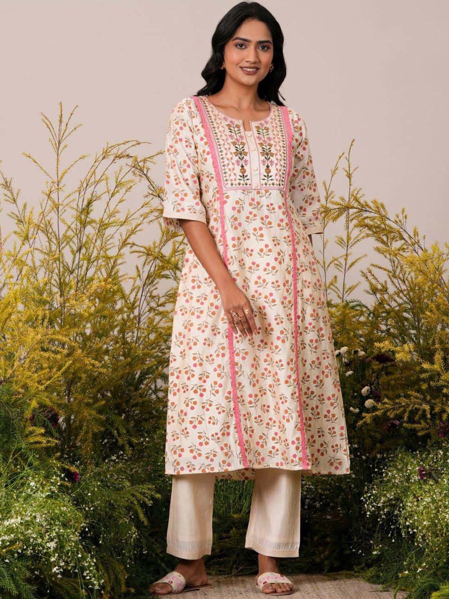 Libas Beige Printed Kurta Pant Set