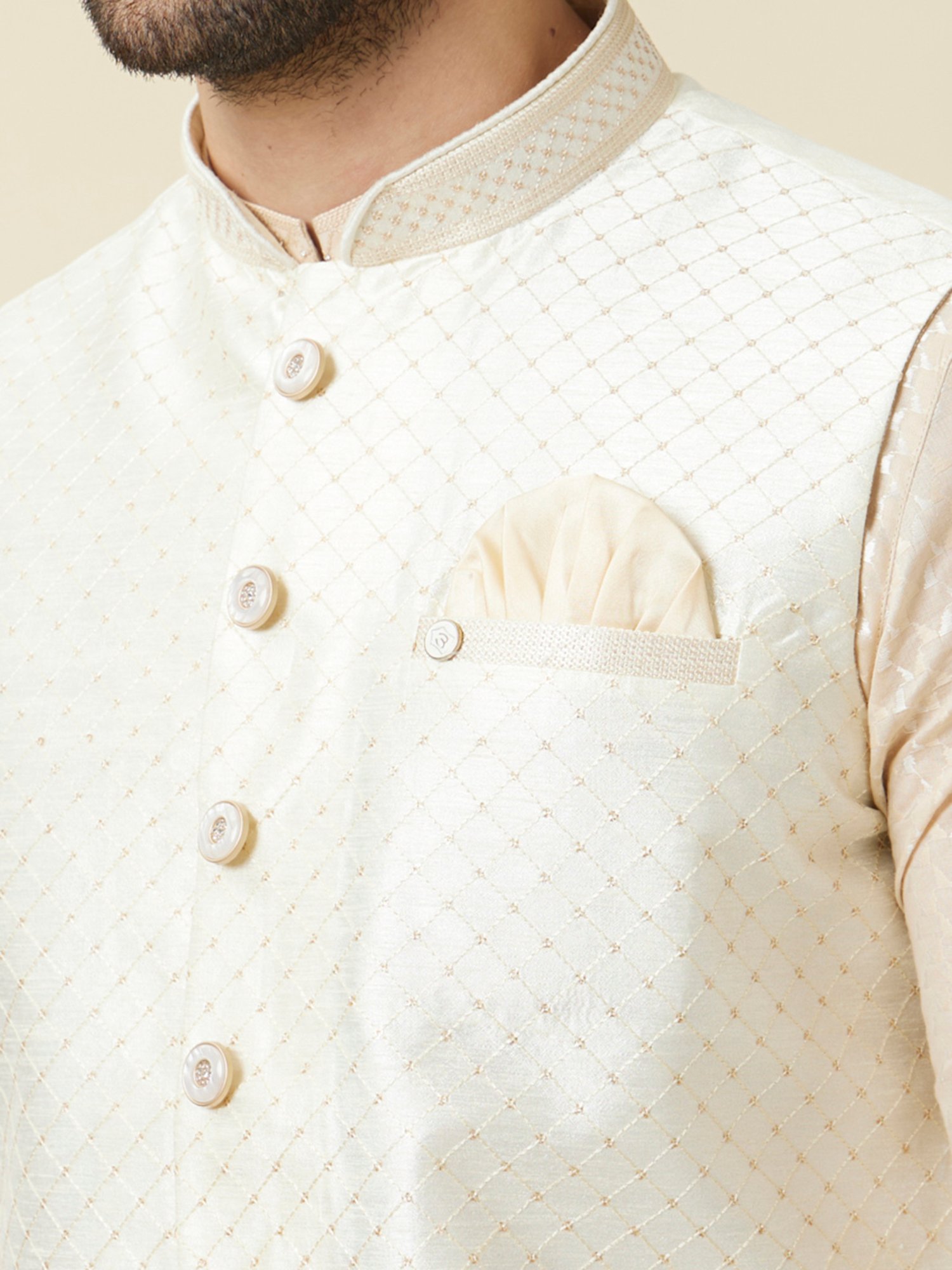 Manyavar Cream Regular Fit Self Design Nehru Jacket