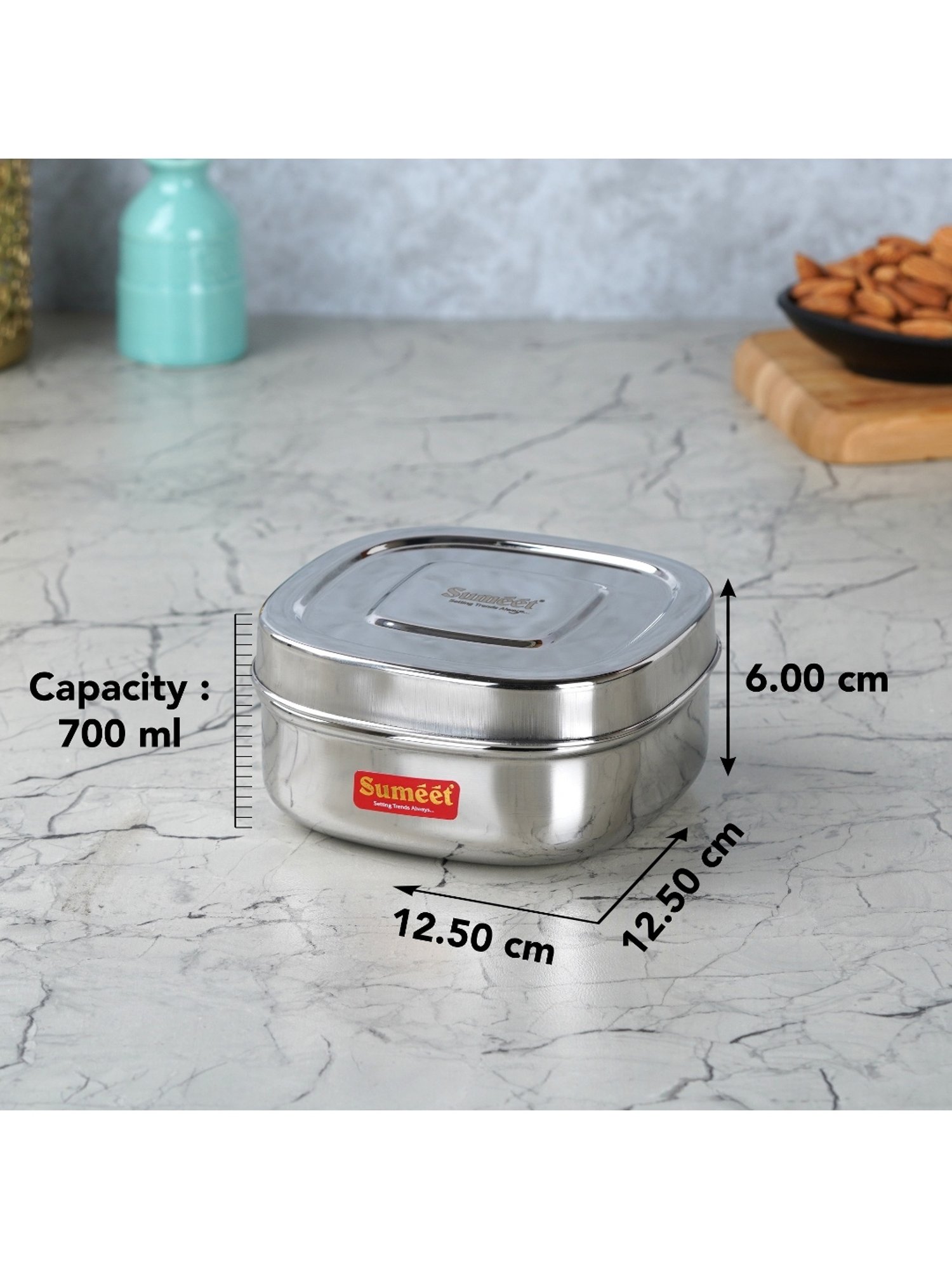 Sumeet S.S. Square Storage containers box/Dabba for Kitchen, Set of 3Pcs, 700ml, 12.5cm Dia, Silver