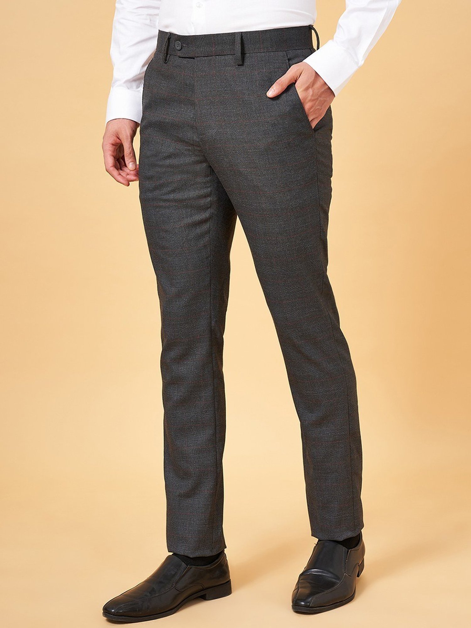Byford By Pantaloons Charcoal Gray Slim Fit Checks Trousers
