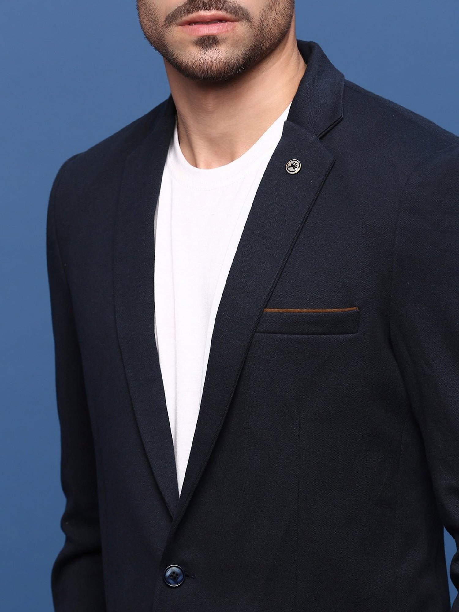Showoff Navy Blue Cotton Slim Fit Blazer
