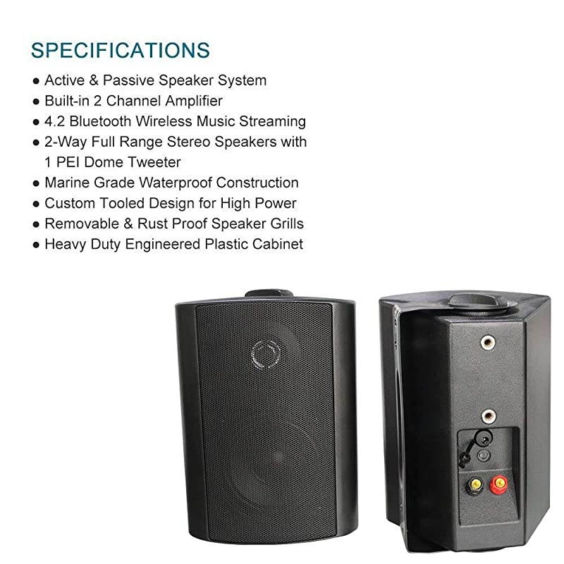 4 Inch Outdoor Indoor Patio Bluetooth Wall Mount Speakers Waterproof (Black)