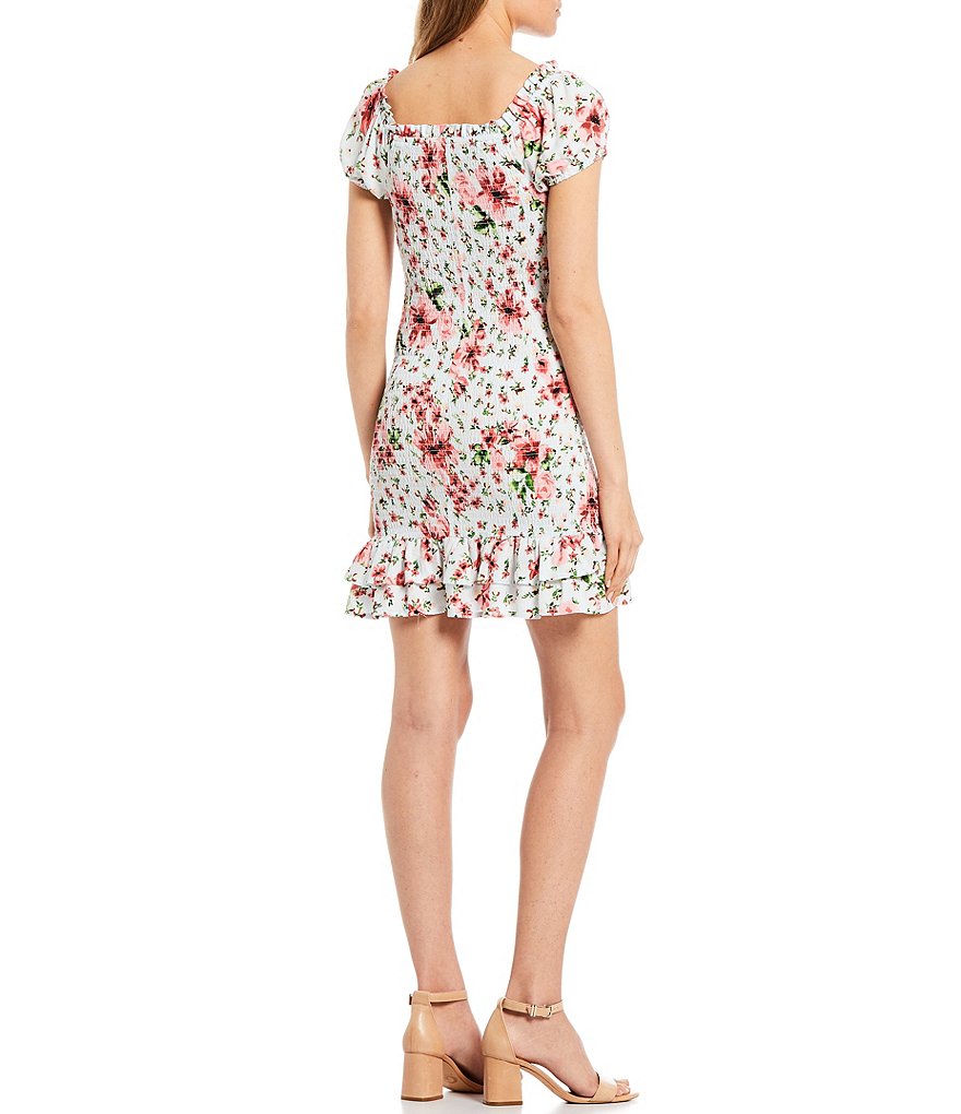 Midnight Doll Short Puff Sleeves Smocked Bodice Floral Print Dress