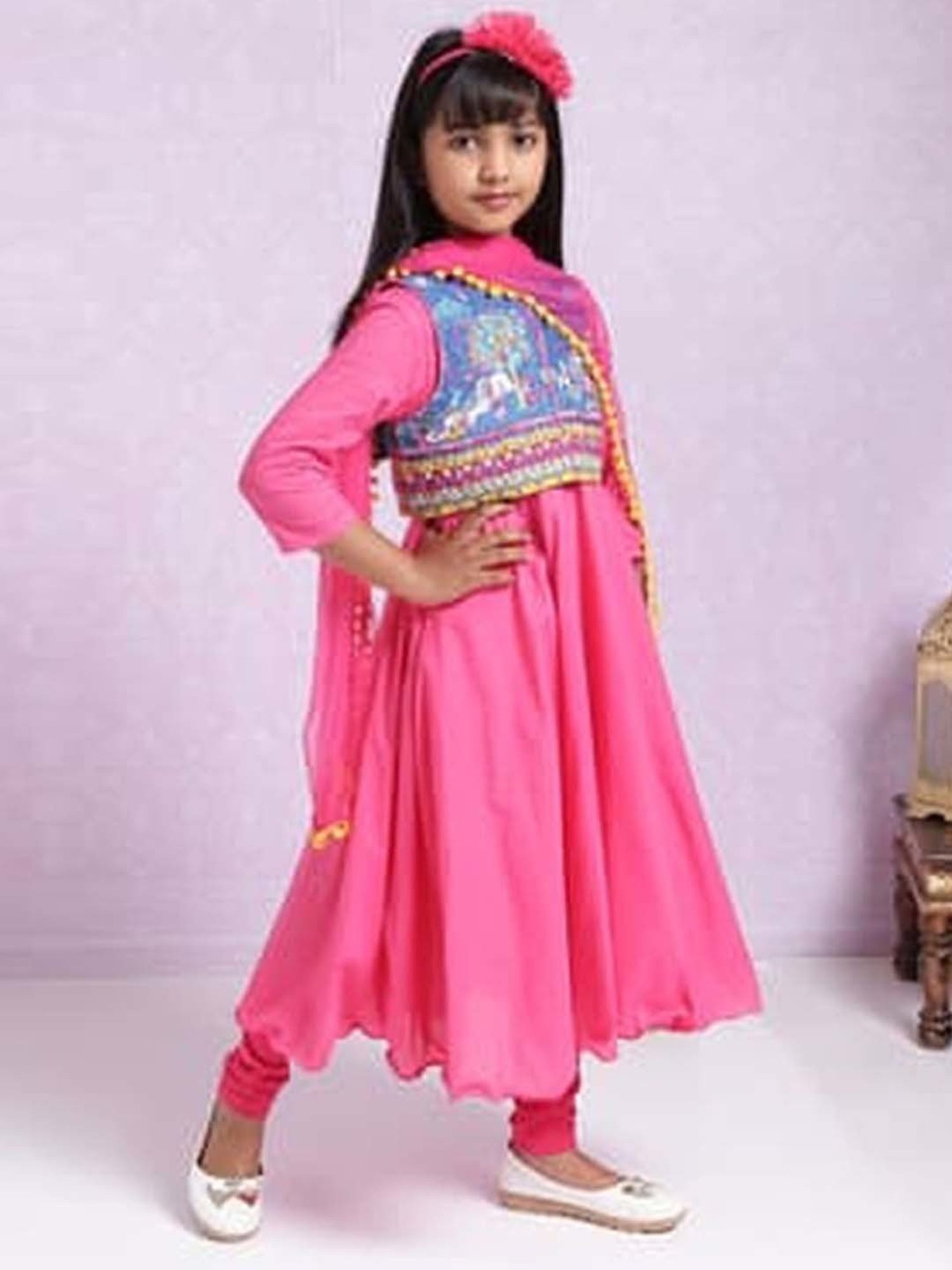 Biba Kids Pink & Blue Regular Fit Kurta Set