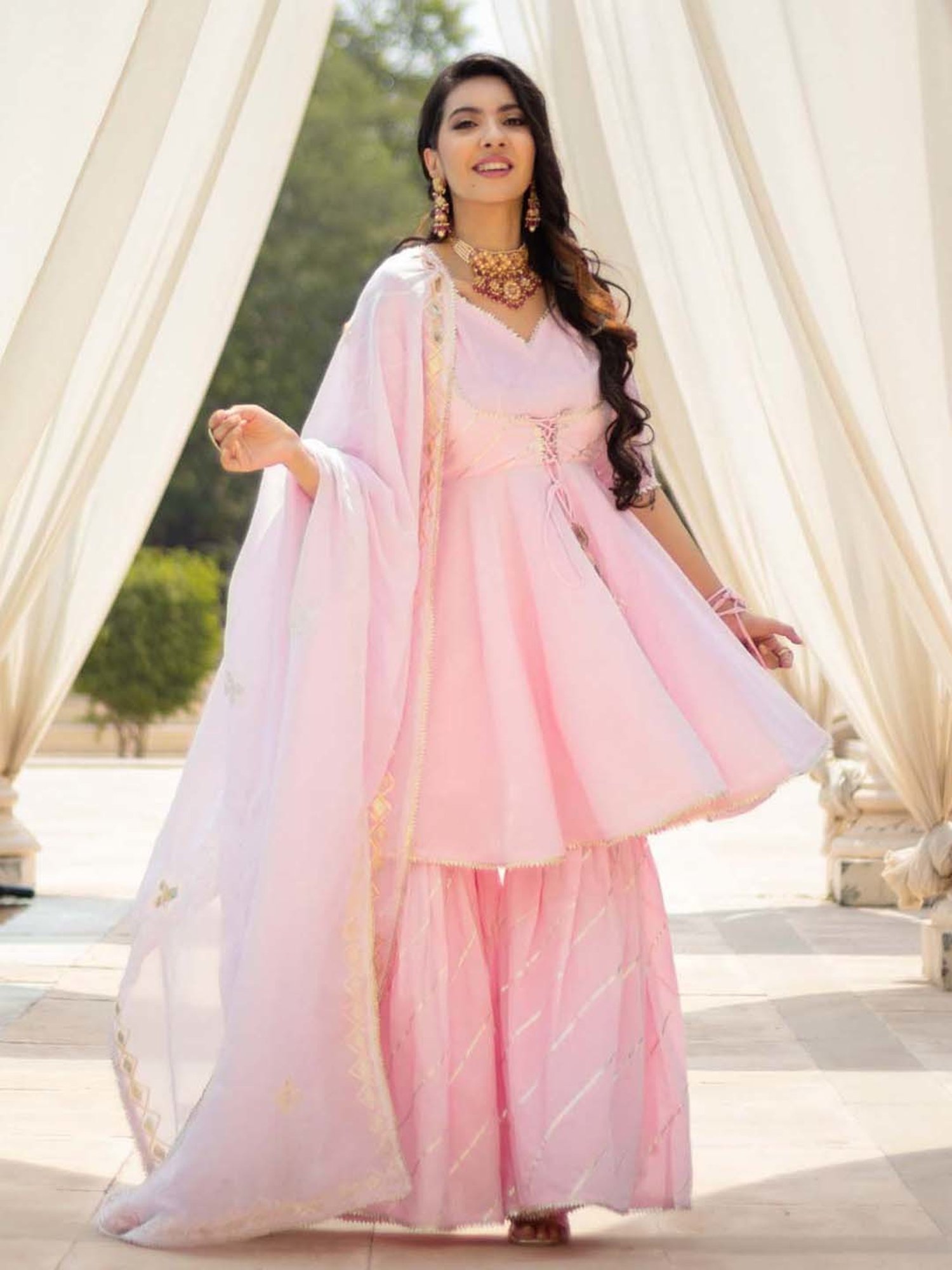 AACHHO Pink Cotton Kurti Sharara Set With Dupatta