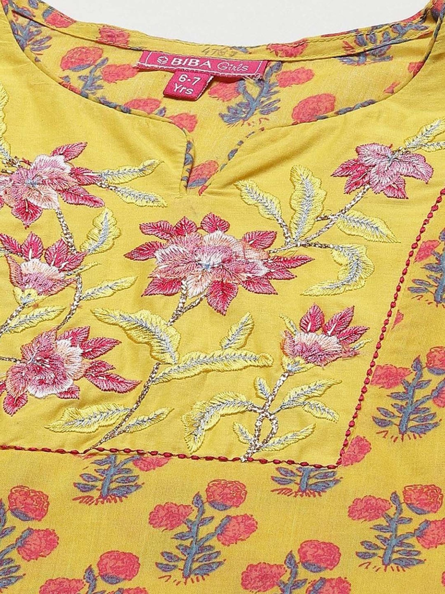 Biba Kids Yellow & Pink Cotton Floral Print Kurta Set