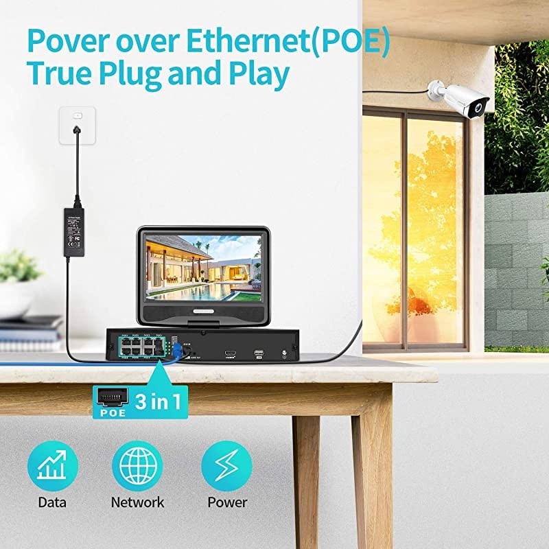 5MP PoE Security Camera System with 10 inch LCD Monitor, 8CH NVR 4Pcs Security Camera Outdoor with Night Vision, Waterproof, Motion Detection, Remote Access, No Hard Drive