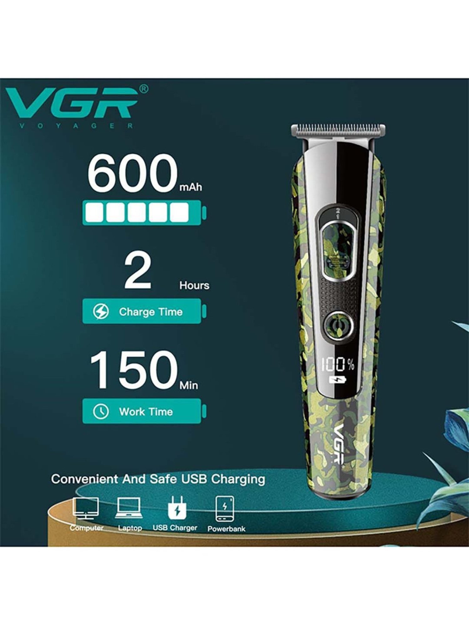 VGR V-271 Professional Corded and Cordless Hair Trimmer - 150 min Runtime (Camouflage)