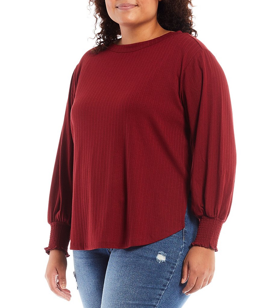 Jessica Simpson Plus Size Veera Smocked Cuff Round Neck Long Blouson Sleeve Top
