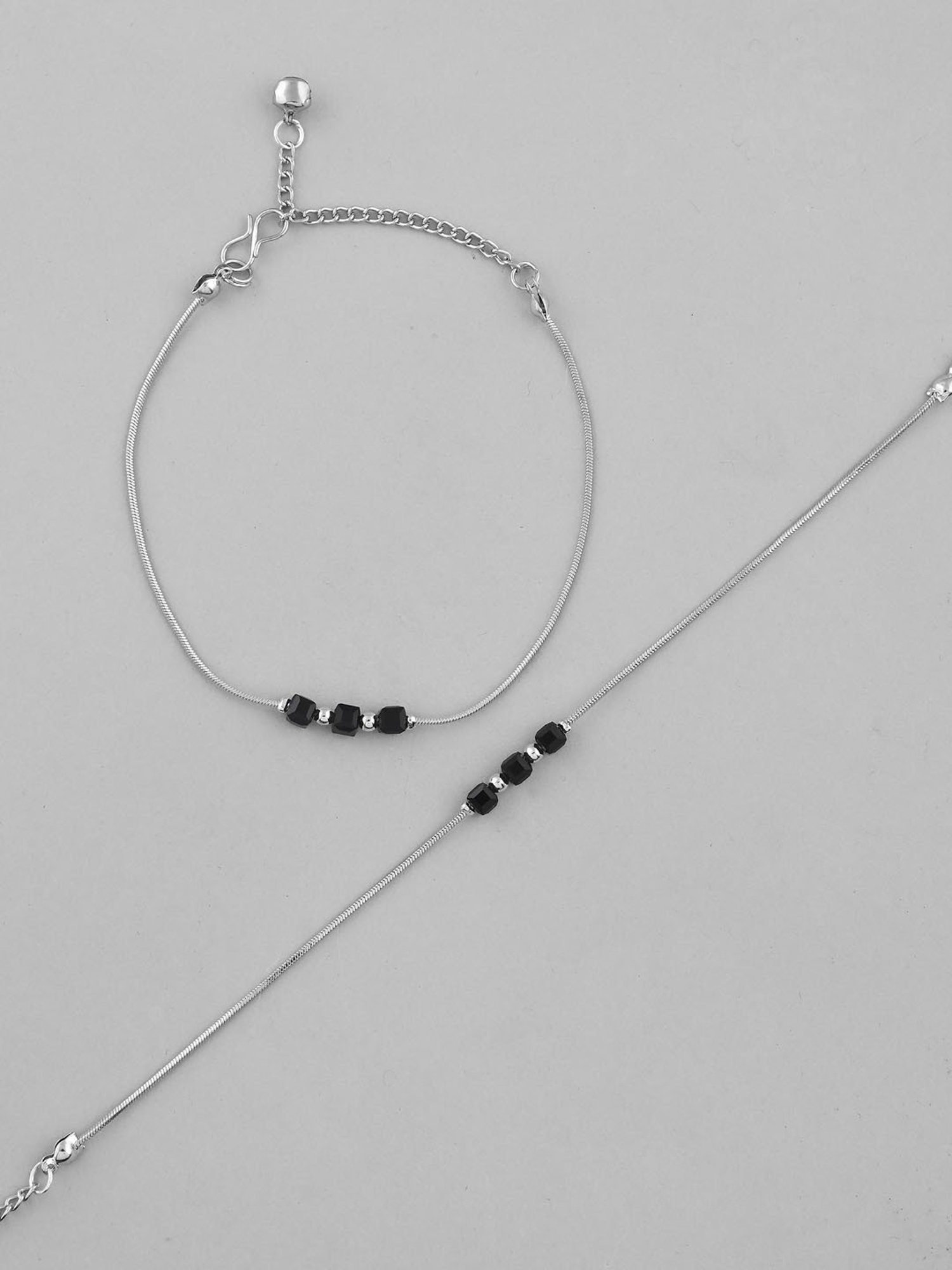 VOJ Set of 2 Silver Plated with Black Beads Anklet for Women