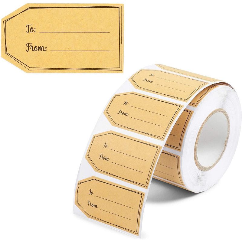 Pipilo Press 500-Pack Gift Tag Stickers Roll for Party, Brown Kraft Labels (2 x 1.15 in)