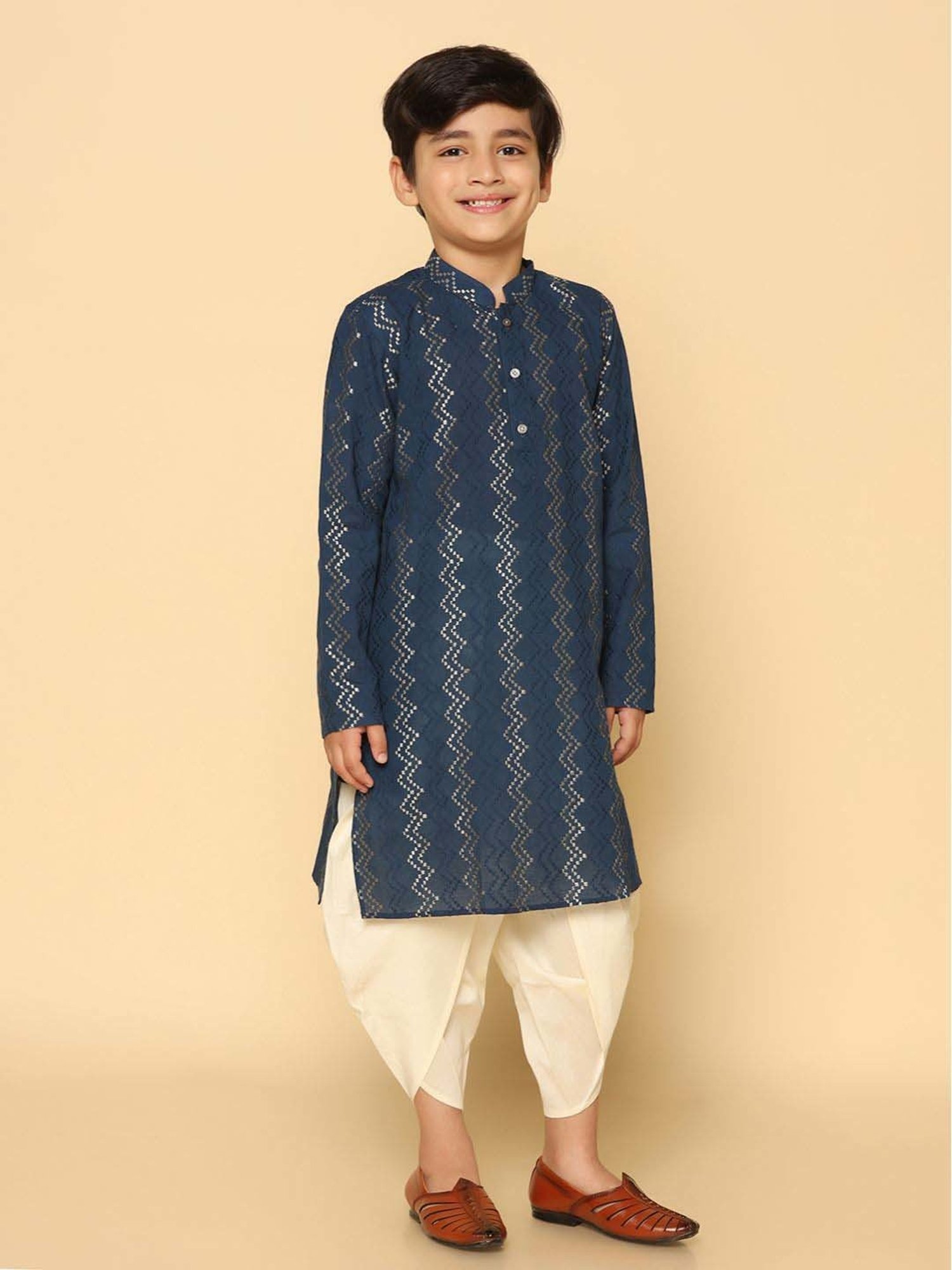 KISAH Kids Blue & White Embroidered Full Sleeves Kurta Set