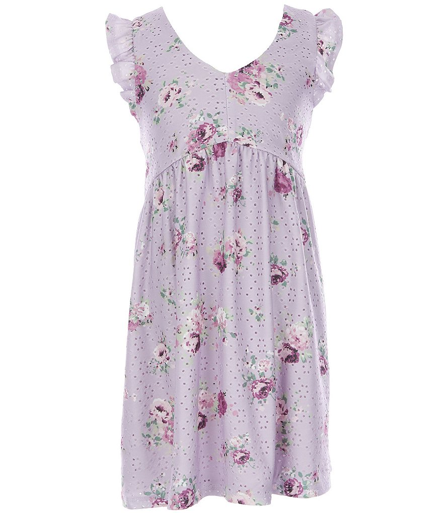 Poppies and Roses Big Girls 7-14 Flutter-Sleeve Floral Eyelet Babydoll Dress