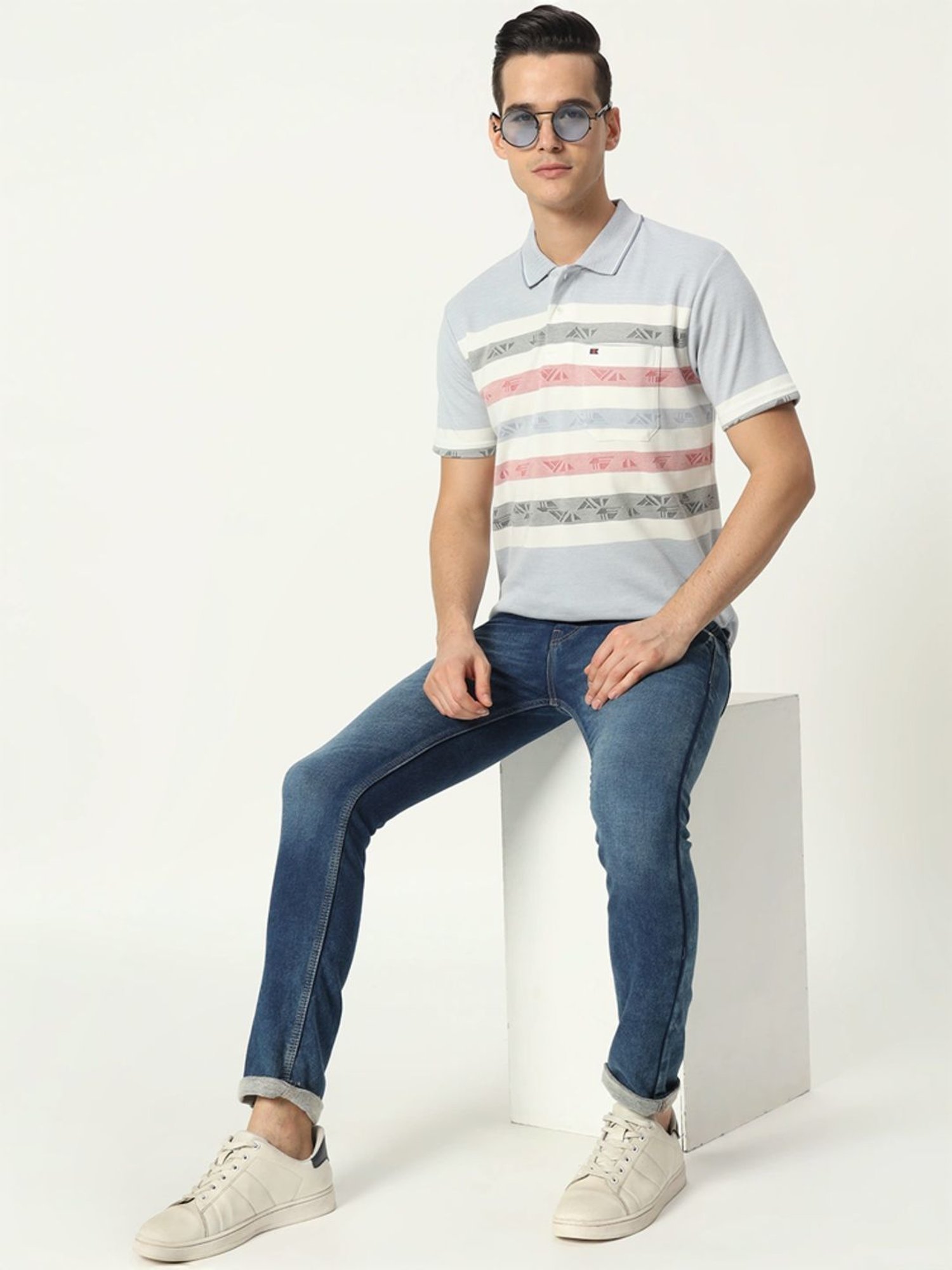 Tab91 Grey Regular Fit Striped Polo T-Shirts
