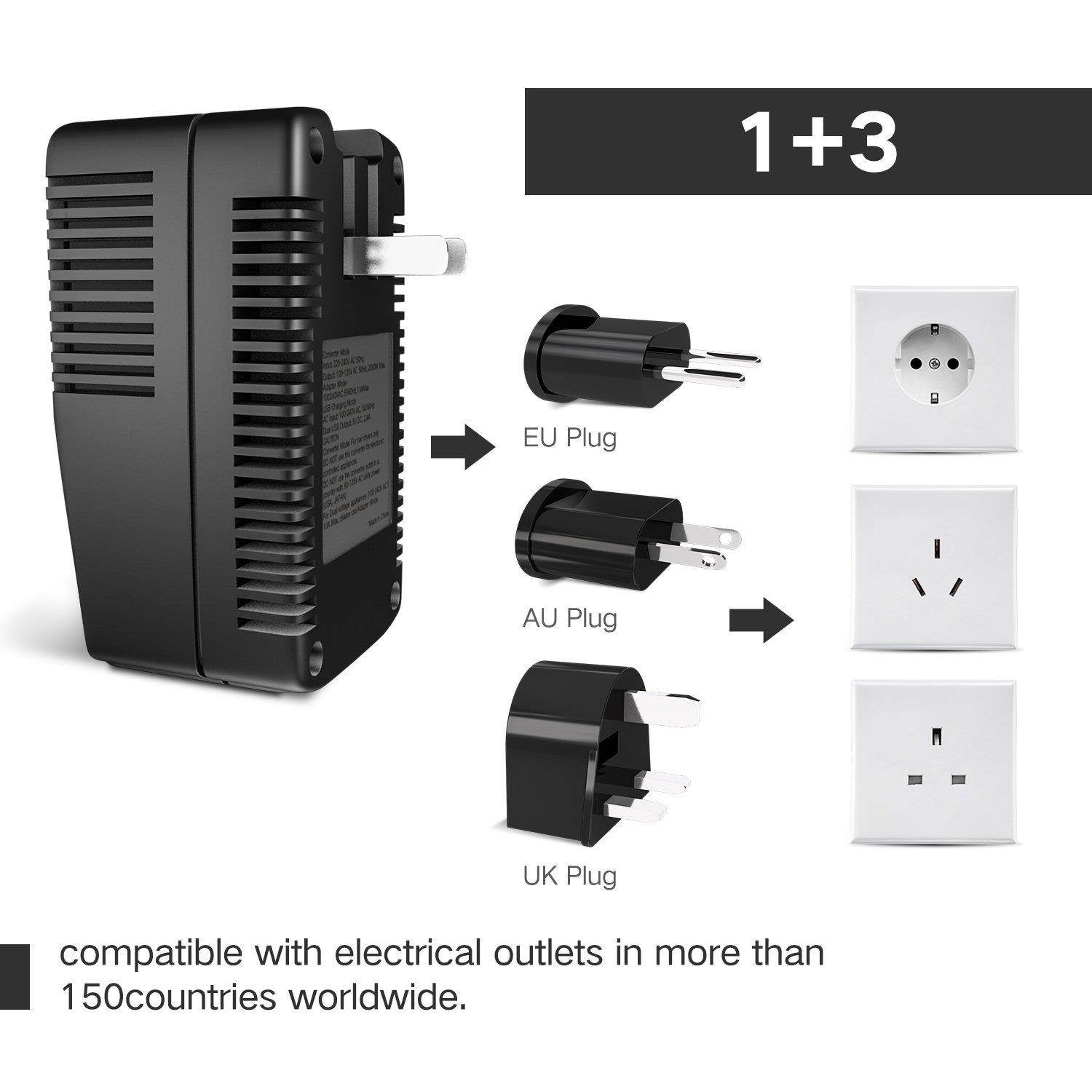 TryAce 2000W Voltage Converter with 2 USB Ports,Set Down 220V to 110V Power Converter for Hair Dryer /Straightener /Curling Iron, Travel Transformer for UK/AU/US/EU Plug Adapter(Exclusive)