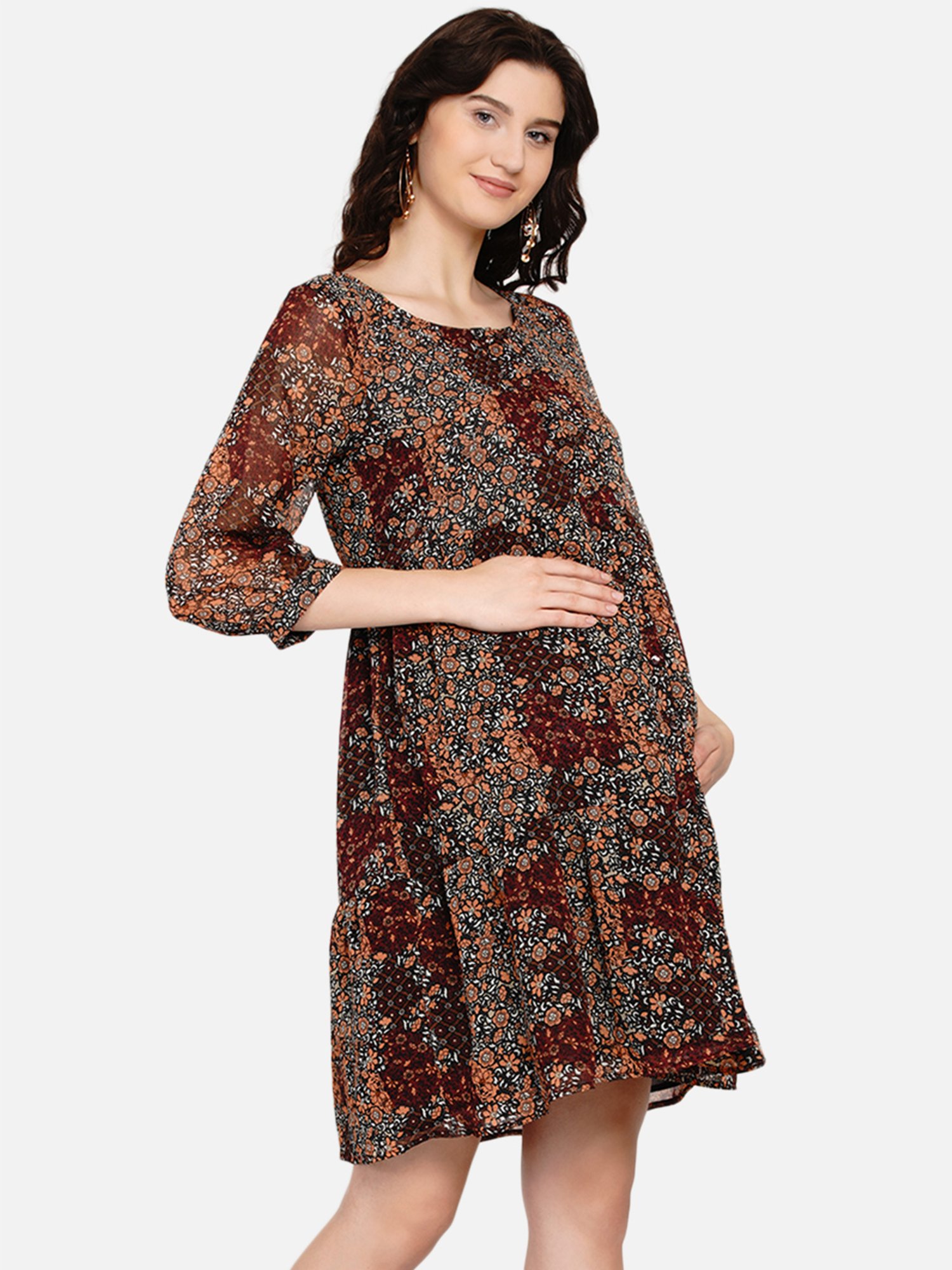 Mine4Nine Brown Printed Maternity Dress