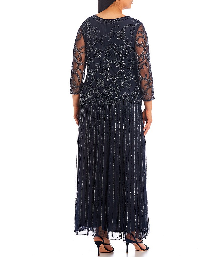 Pisarro Nights Plus Size Round Neck 3/4 Sleeve Beaded Mock Two-Piece Dress